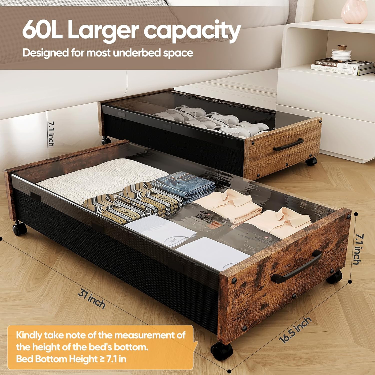 KITHELP Wooden Under Bed Storage with Wheels, Rolling Under the Bed Storage Bins with Removable Lid, Metal Under Bed Drawers for Clothes and Shoes in Bedroom or Living Room (Walnut Brown-2pack)