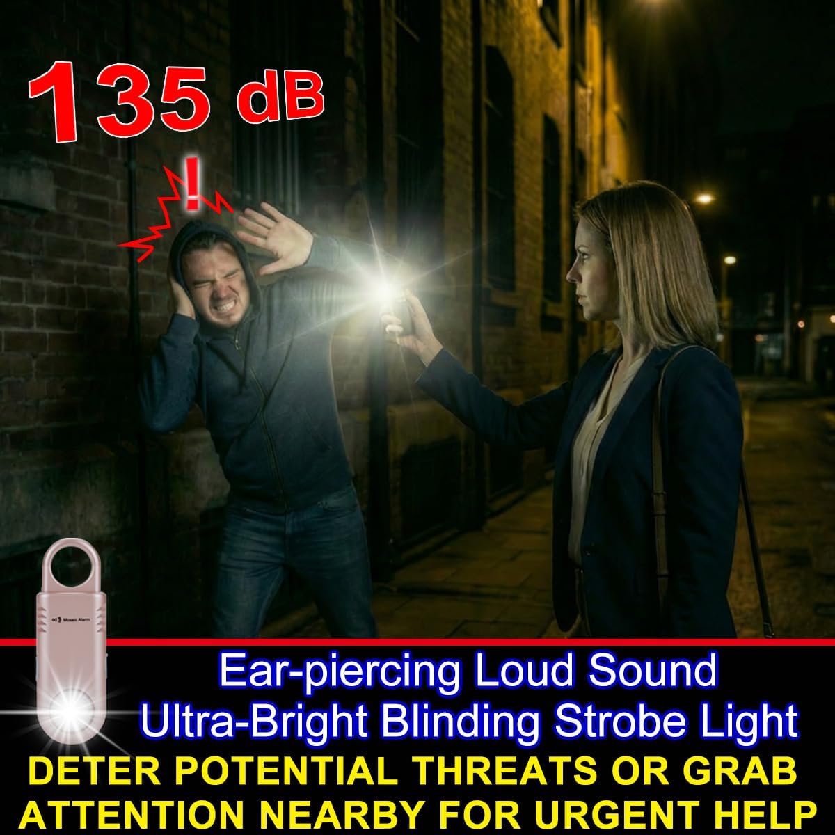 135dB Rechargeable Personal Safety Alarm Built-in Ultra-Bright Flashlight Non Slip Grip Keychain Emergency SOS Siren for Women, Students, Night Runner. Loud Sound Hiking Bear Alerts Hook. Rose Gold