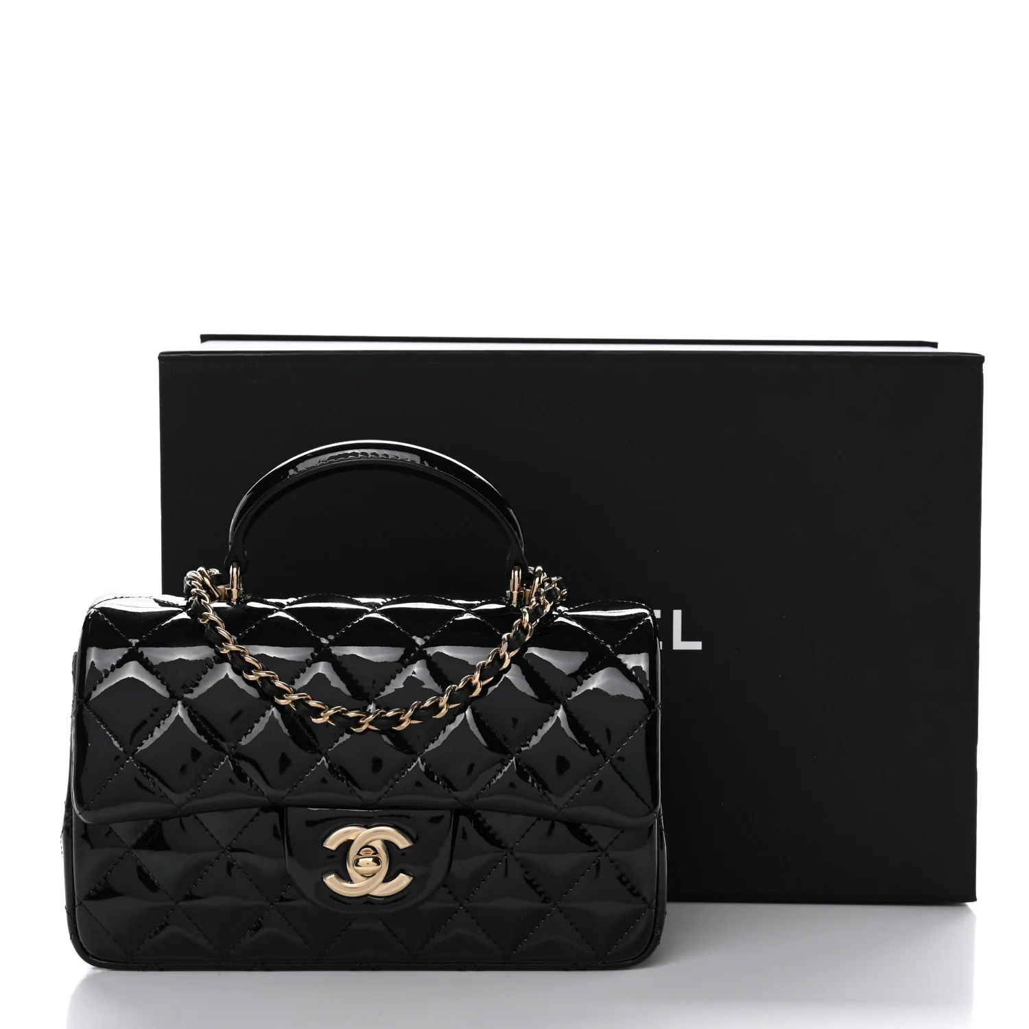 Patent Quilted Mini Top Handle Rectangular Flap Black
