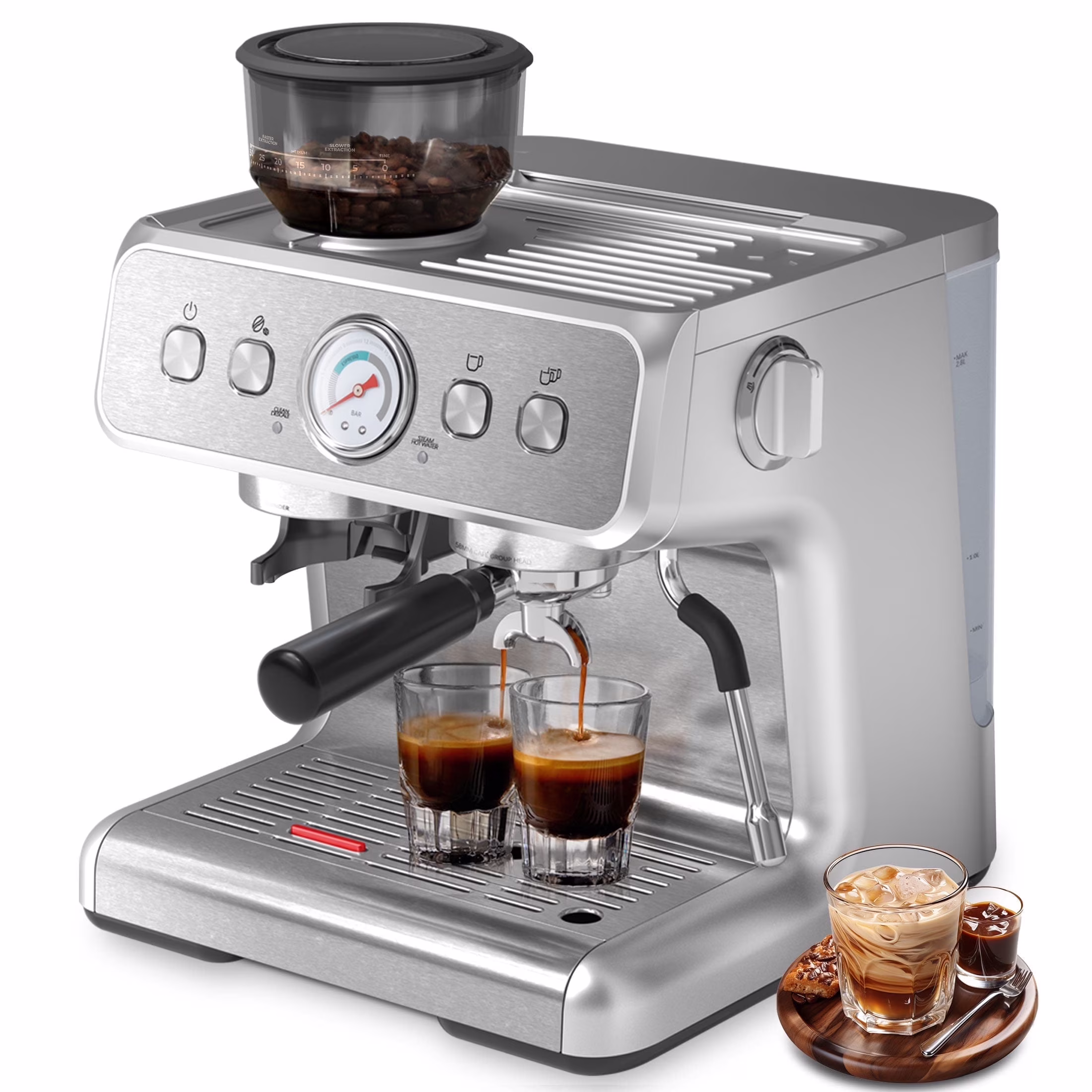 Auseo 20 Bar Automatic Espresso Coffee Maker with Grinder and Milk Frother Steam Wand, Drip Hot Coffee, 1&2 Cups, Espresso/Cappuccino/Latte/Mocha for Home, Stainless Steel