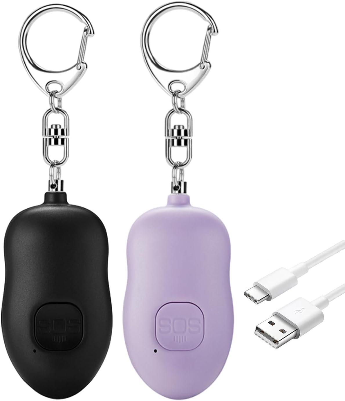 130dB Portable Personal Alarm 2-Pack for Self Defense, Rechargeable Keychain with Strobe Light, USB-C Charging SOS Siren for Women, Elderly, Teens, College Students (Black+Purple)