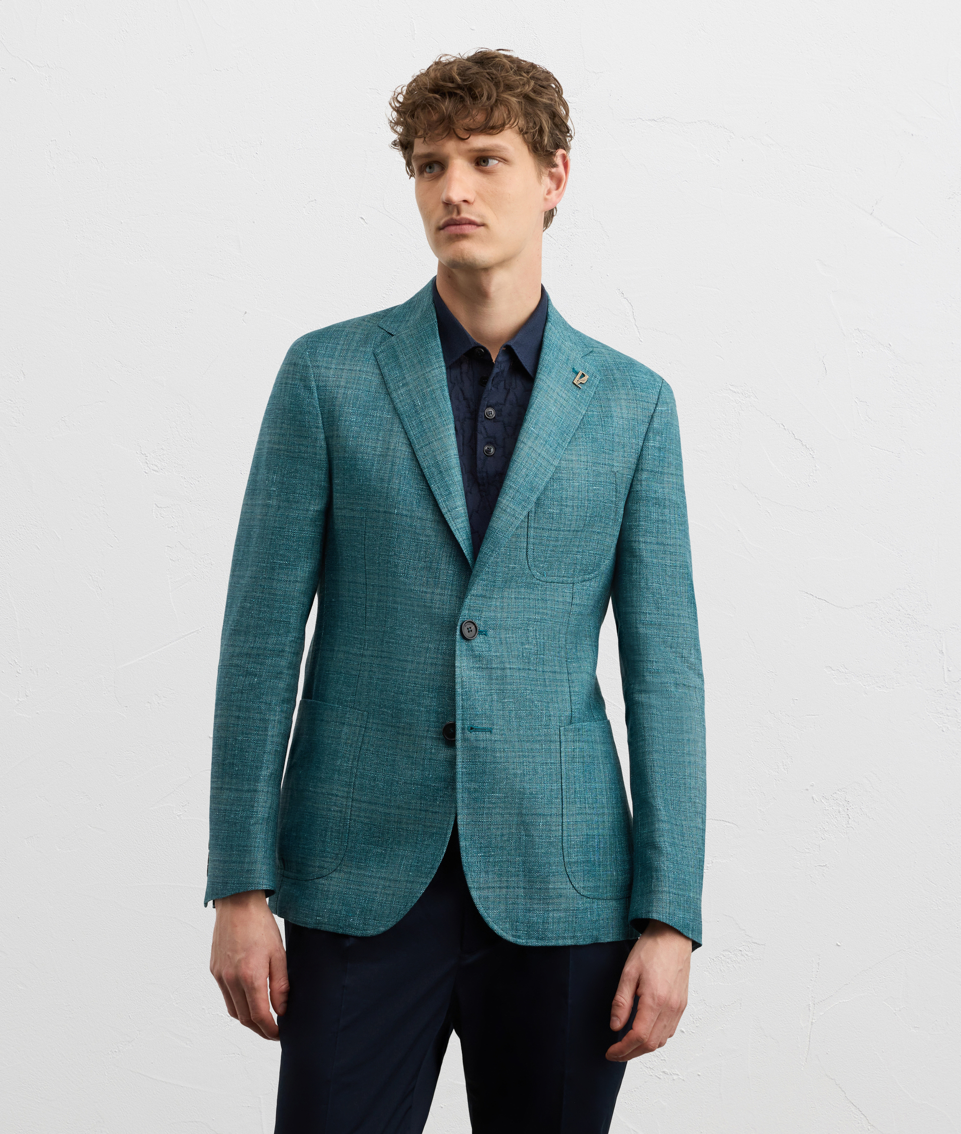 TEAL BLUE CHECKED LINEN AND WOOL BRERA LINE UNLINED JACKET