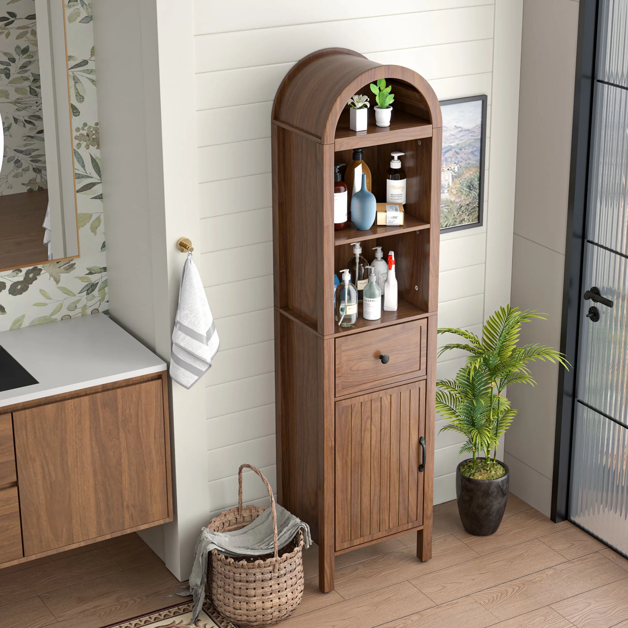 Bathroom Storage Cabinet Narrow Tall Cabinet Storage Tower with Door and Drawer(Walnut Color) - Image 7