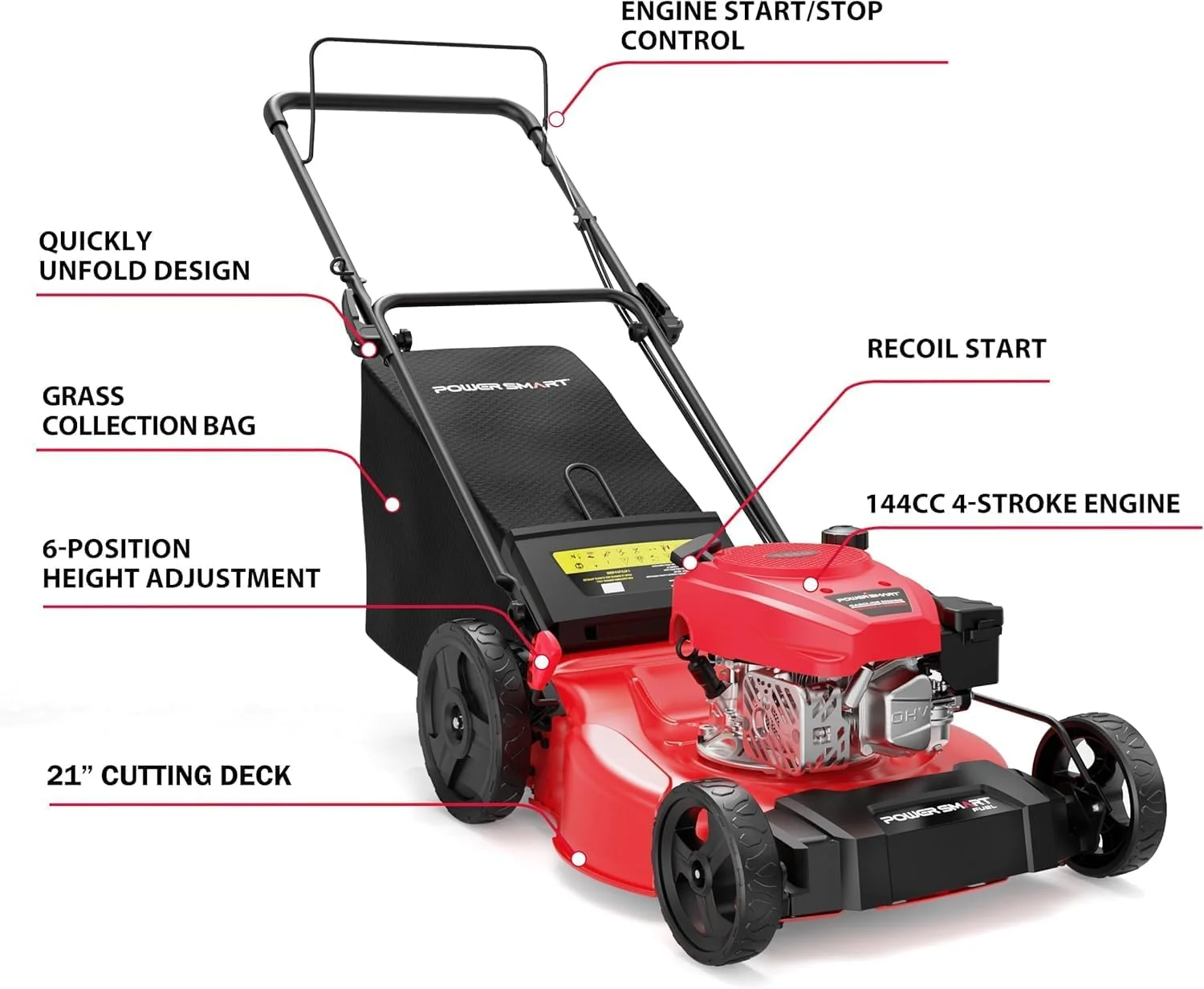 21" 144cc Gas Push Lawn Mower, with 6-Position Height Adjustment, 3-in-1 Cutting - Image 9