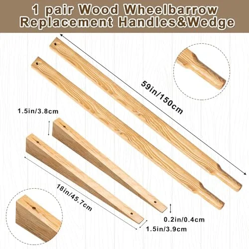 Wheel Barrow Handles Wood Replacement 59'' Wheelbarrow Handles Kit with 2 Wheelbarrow Wedge Heavy Duty Wood with Tough Seal Coat and Pre Drilled Holes for Wheelbarrows, Easy Install - Image 2