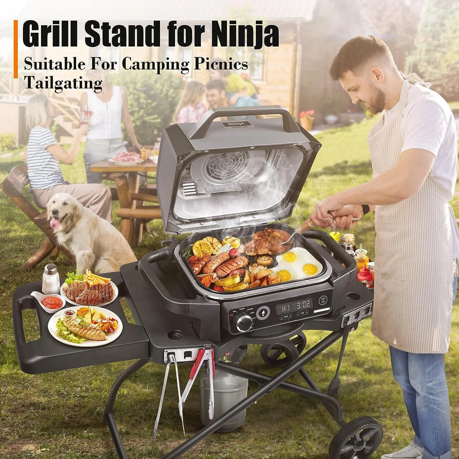 Hisencn Grill Stand for Ninja Woodfire Grill,Grill Cart,Collapsible Outdoor Grill Stand Fit for Ninja Woodfire Outdoor Grill(Ninja OG701),Traeger Ranger,Pit Boss 10697,10724,22" Blackstone Griddle(304 Stainless Steel Crisper Pan) Image 5