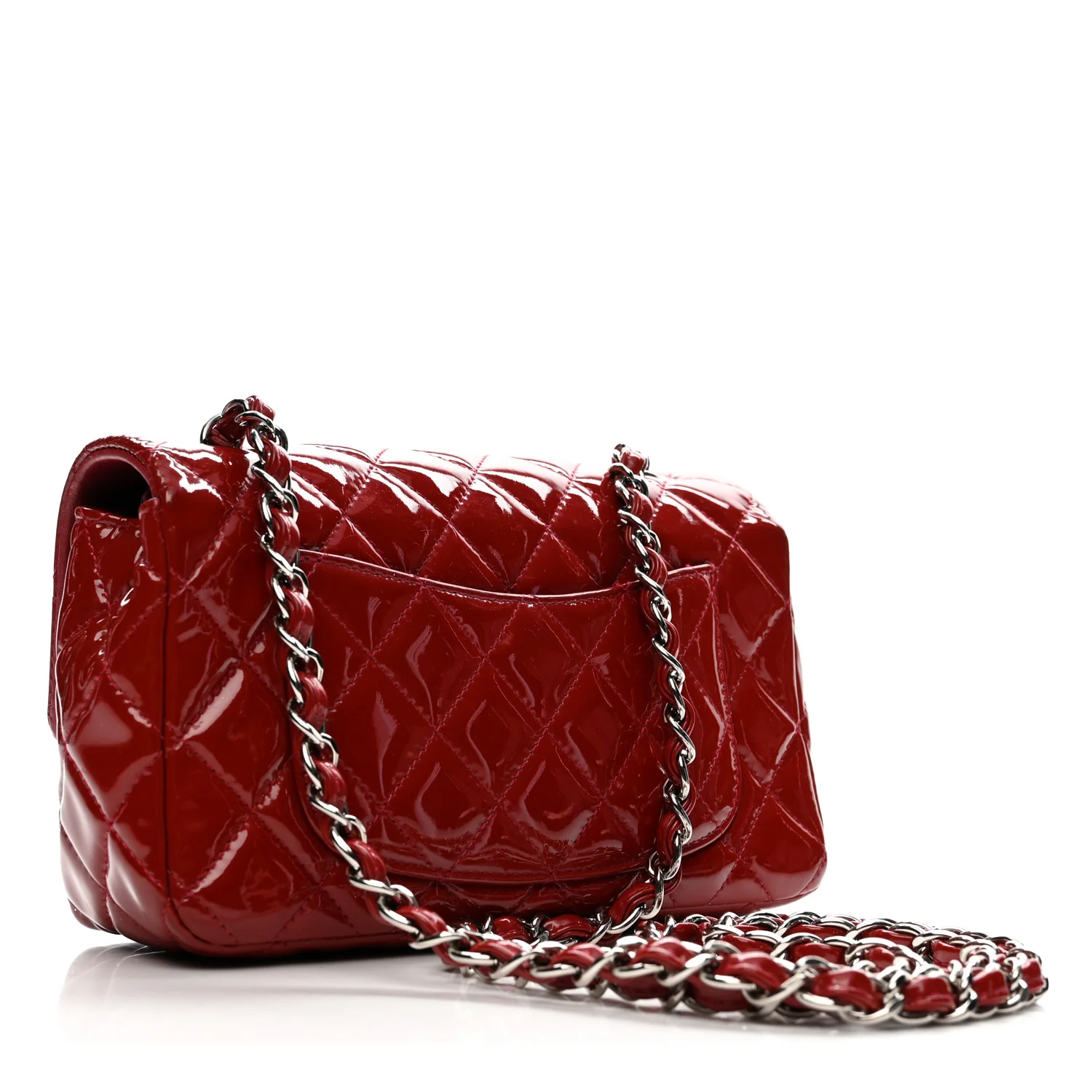 Patent Calfskin Quilted Mini Rectangular Flap Dark Red