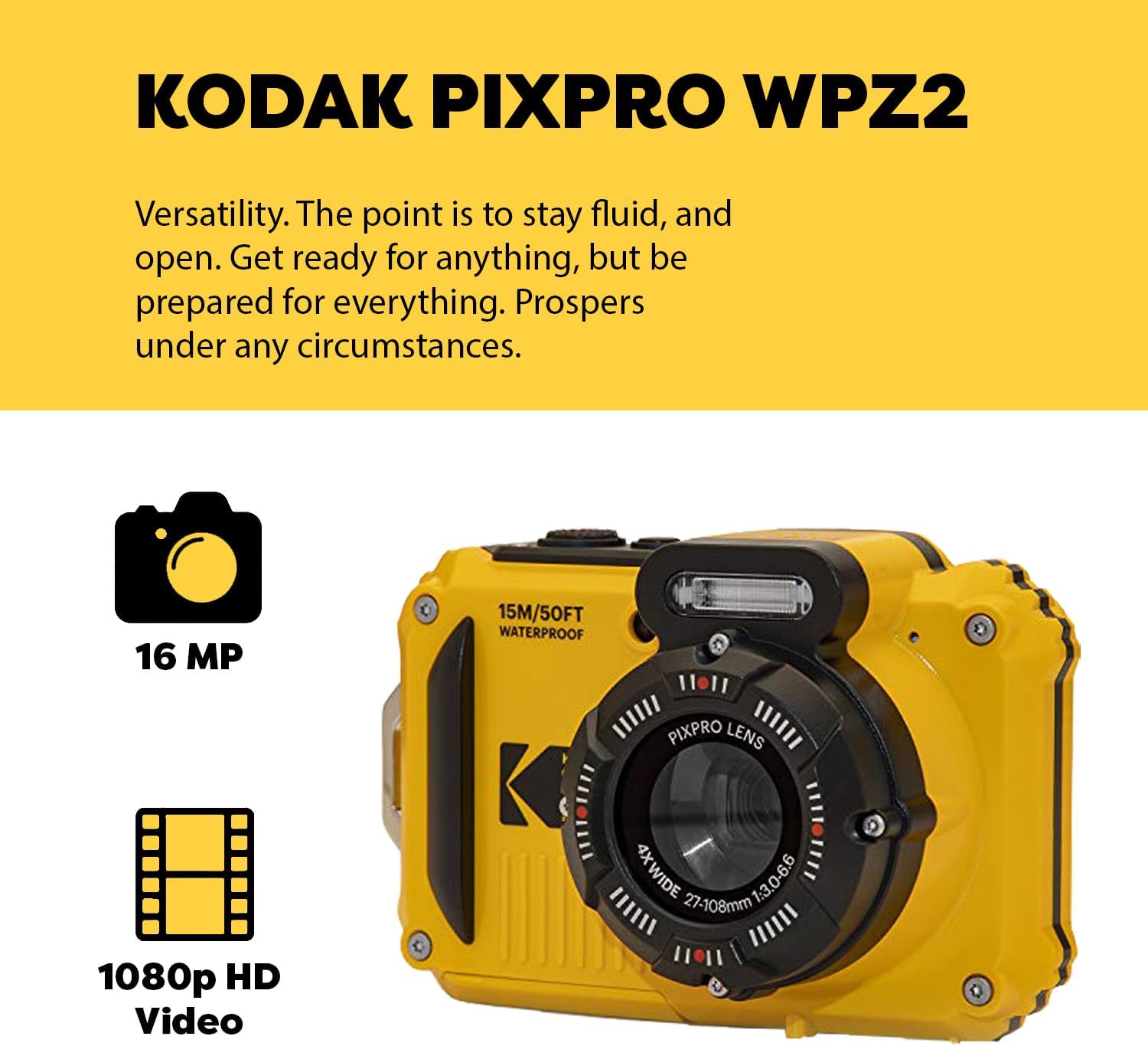 Kodak PIXPRO WPZ2 Rugged Waterproof Shockproof Digital Camera 16MP 4X Optical Zoom 1080P Full HD Video  2.7 LCD (Yellow)  32GB SD Card  Black Compact Case  Floating Strap  Bundle (7 Items)