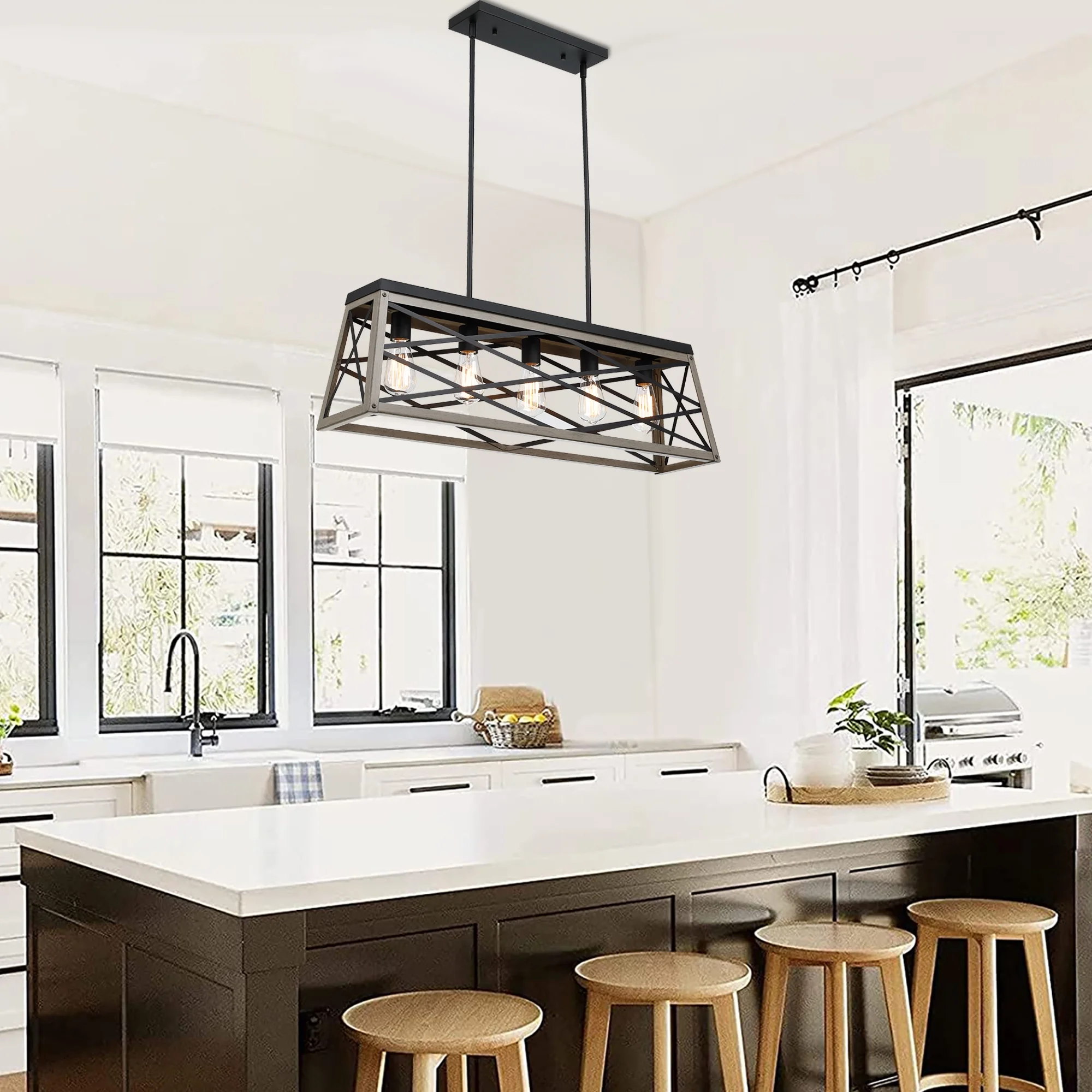 5-Light Farmhouse Matte Black Chandelier Industrial Pendant Lighting for Kitchen Island for Dining Room, Living Room