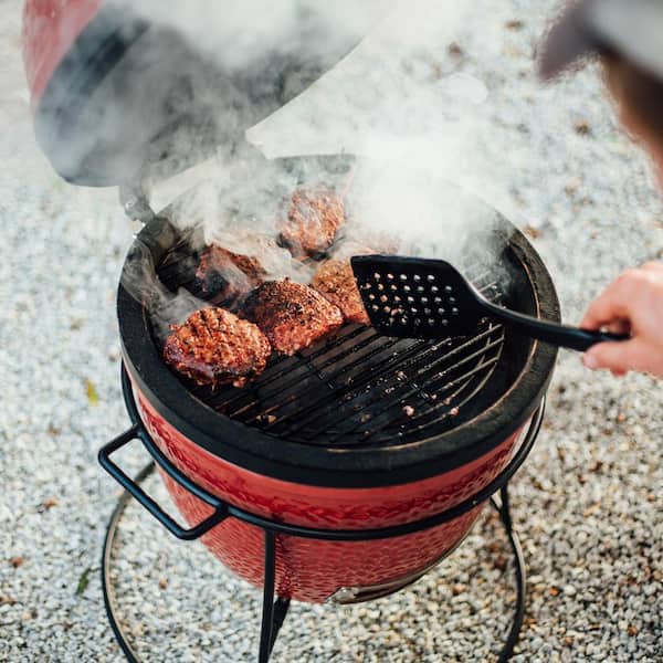 Joe Jr. 13.5 in. Portable Charcoal Grill in Red with Cast Iron Cart. Heat Deflectors and Ash Tool