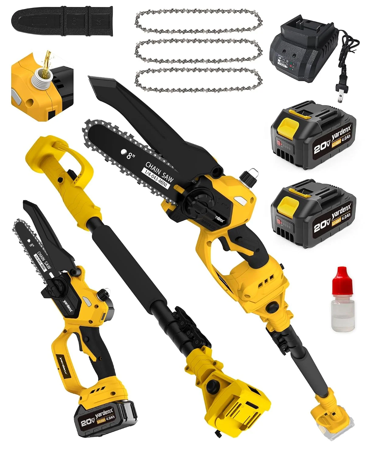 YardenX 2-in-1 Cordless Pole Saw & Mini Chainsaw,8-Inch Cutting Bar