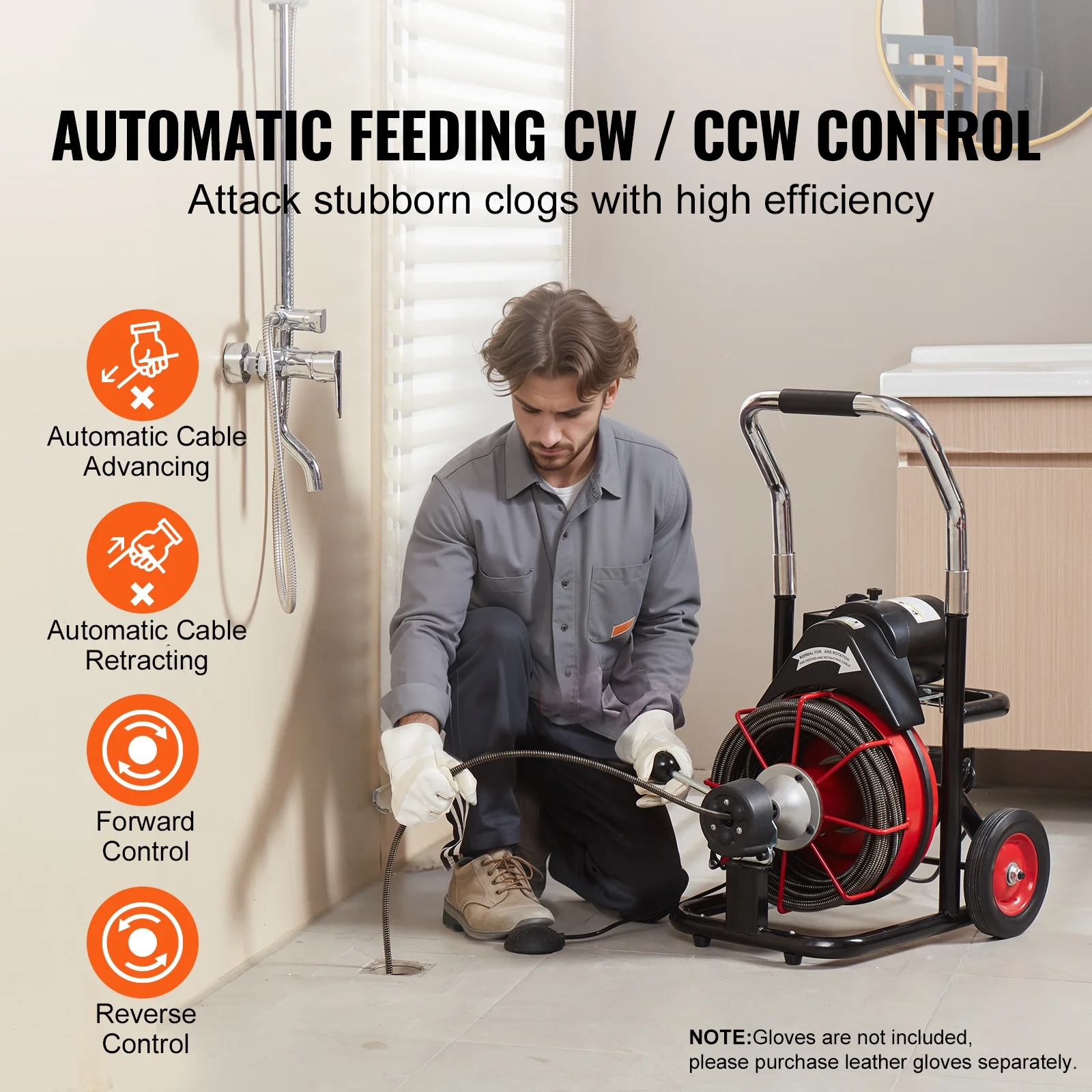 Drain Cleaner Machine, 100FT x 3/8 Inch with Auto Feed, 370W, Portable on Wheels, Includes 8 Cutters Air Foot Switch, Cleans 2"-4" Pipes - Image 4