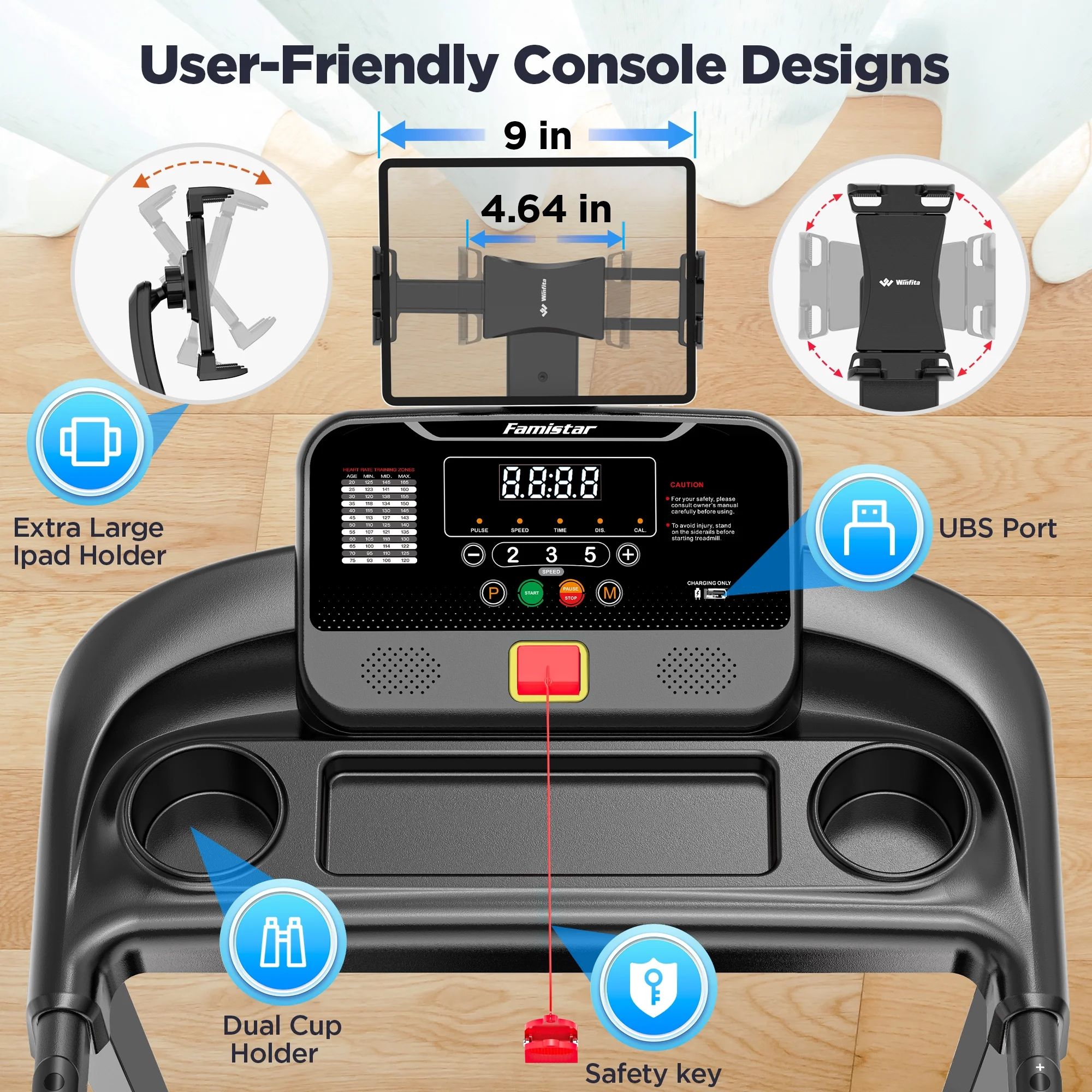 Treadmill for Home, Portable Folding Electric Exercise Treadmill with Adjustable Incline, APP Control, 64 Programs, 300 lb Capacity, 7.5MPH, Bluetooth Speakers, Running Walking Jogging, 12/23 Update - Image 3