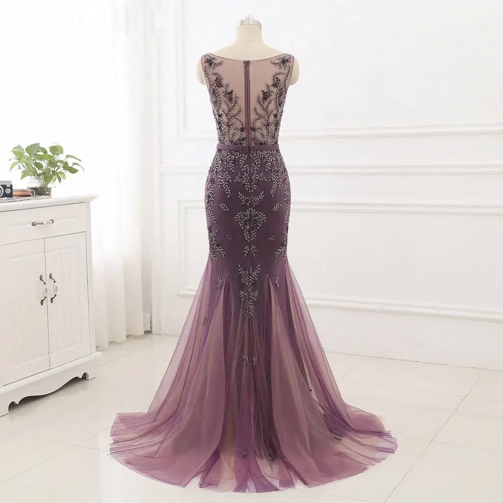 Beading Scoop Mermaid Sweep Train Tulle  Long Cheap Prom Dress DMG25
