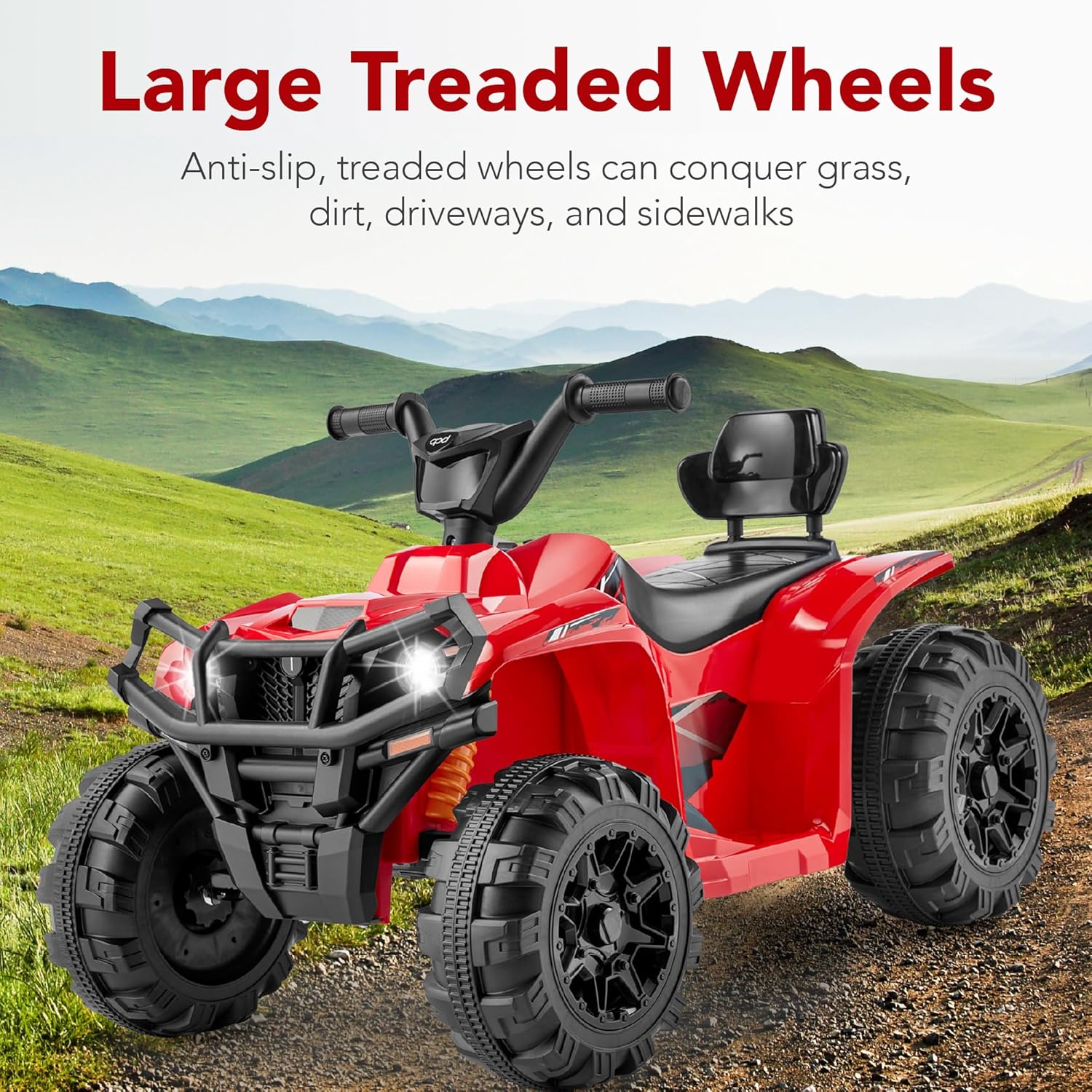 Quad électrique 12 V pour enfants Best Choice Products, véhicule tout-terrain à 4 roues avec audio Bluetooth, vitesse maximale de 3,9 km/h, pneus à crampons, phares LED et radio.
