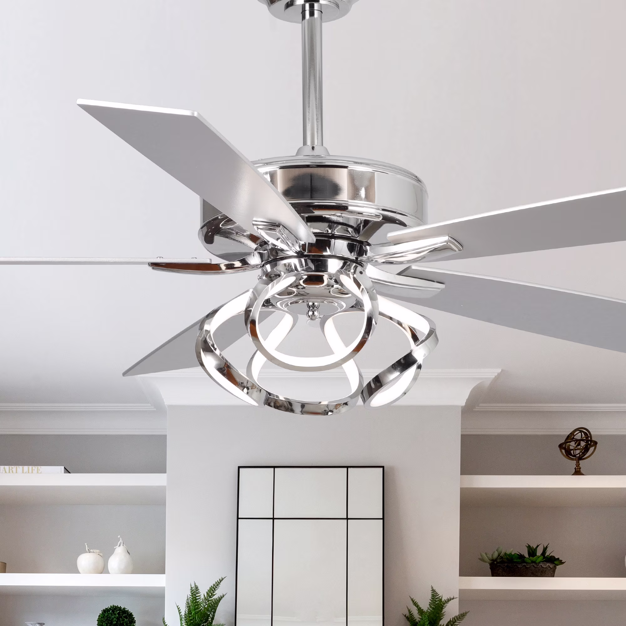 52-Inch Contemporary Chrome Ceiling Fan with Integrated LED Lights and Remote Control(Chrome)