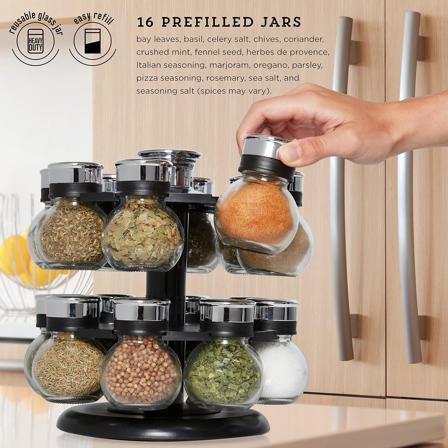 Kamenstein 16 Jar Ellington Revolving Countertop Spice Rack with Lift & Pour Caps and Spices Included, FREE Spice Refills for 5 Years: Black and Chrome