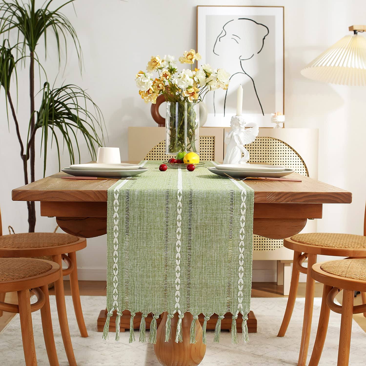 Chassic Rustic Farmhouse Style Linen Table Runner, Boho Handmade Tassel Embroidered Small Table Runners 48 Inches Long for Holiday Party, Christmas A