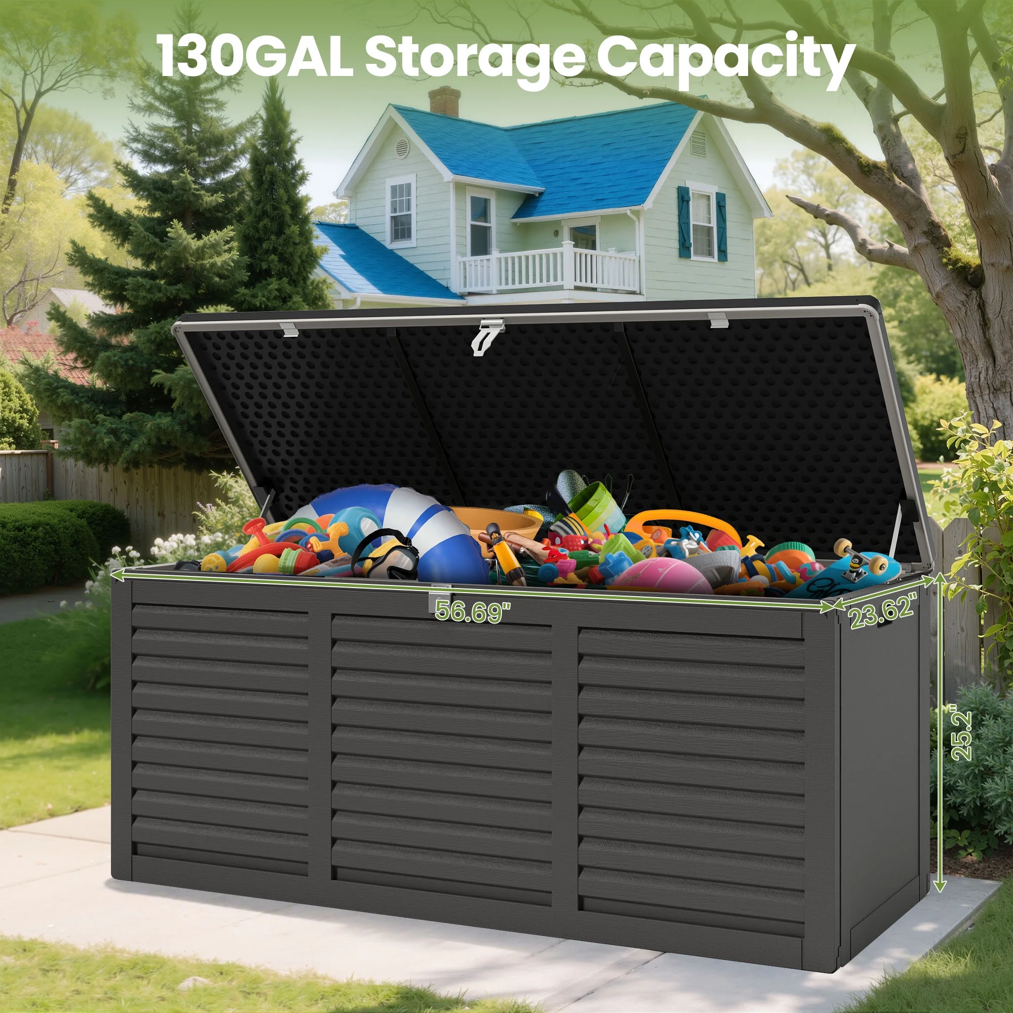 Outdoor Storage Box, 130GAL Waterproof Deck Box, Lockable Pool Patio Storage Indoor Toy Box, Outdoor Storage Bench for Porch, Max Load Weight 500LBS(130Gal-Black) - Image 7