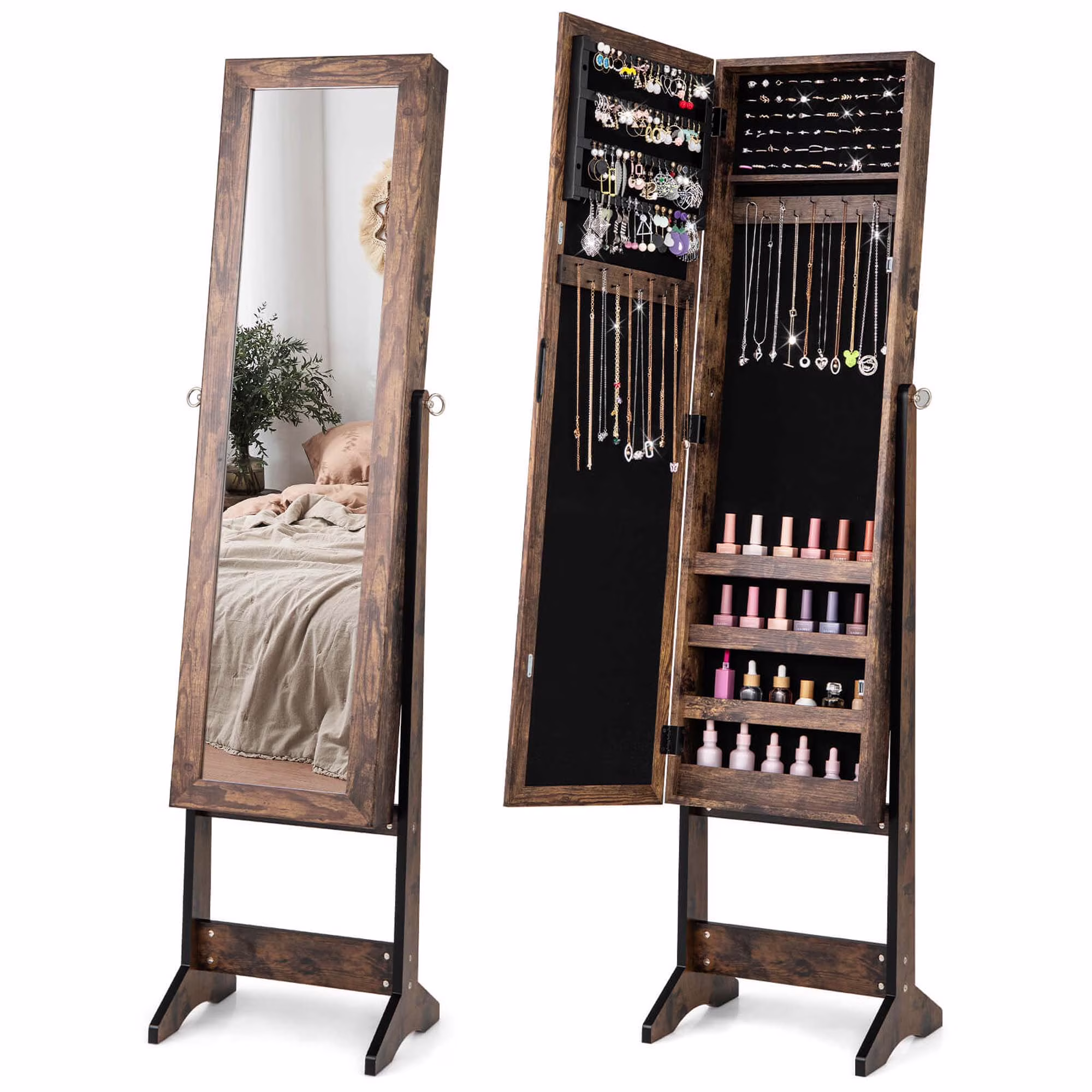 Jewelry Mirrored Cabinet Armoire Organizer Storage Box w/ Stand Christmas Gift(Black) - Image 5