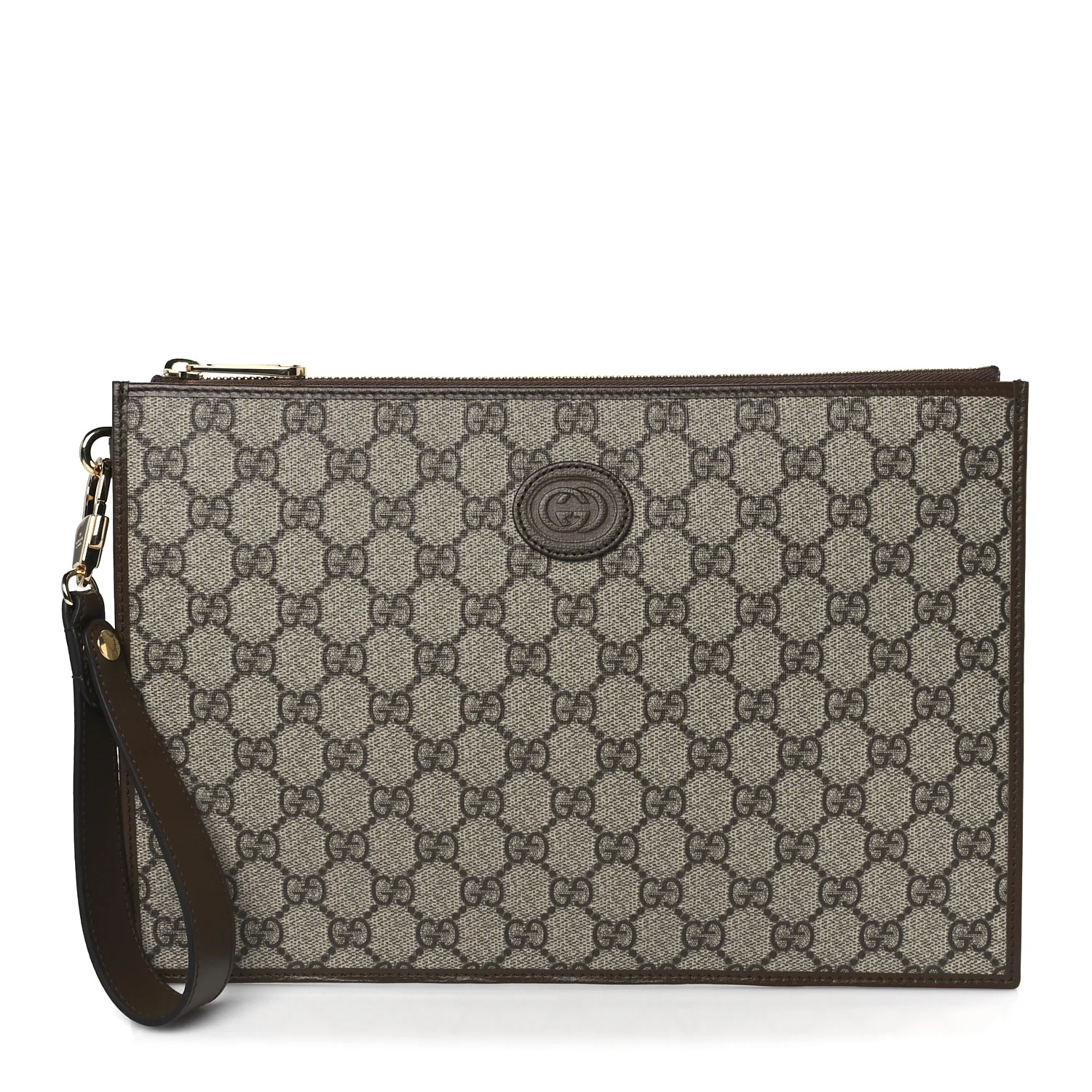 GG Supreme Monogram Azalea Calfskin Retro Interlocking G Wristlet Pouch Beige Ebony Brown Sugar