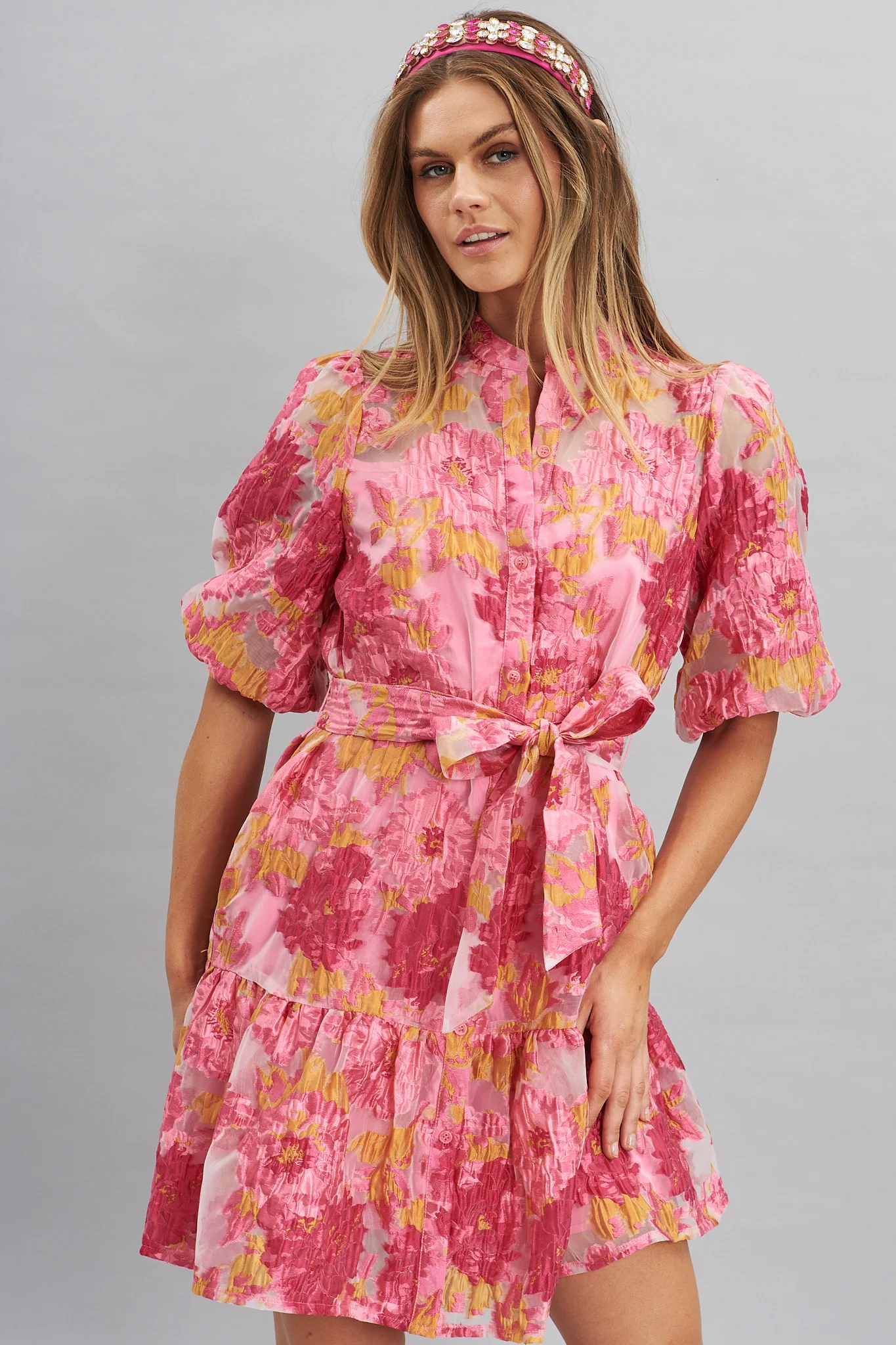 Giuliette Shirt Dress In Pink Floral Organza Burnout