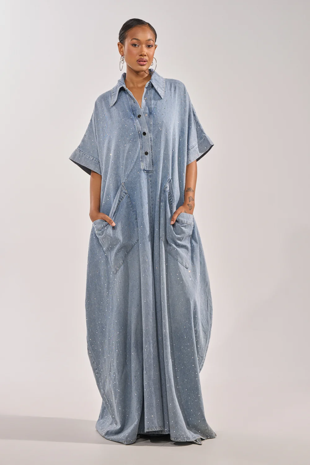 GINA DENIM RHINESTONE JUMPSUIT - Akira Store