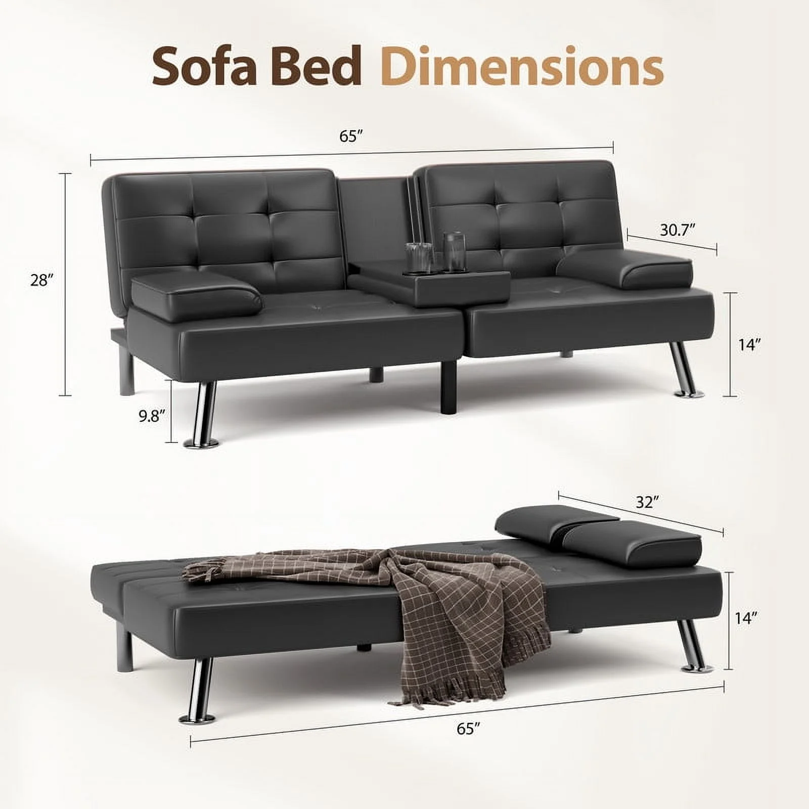 Furmax Futon Sofa Bed Convertible Folding Faux Leather Couch with 2 Cup Holders, Black