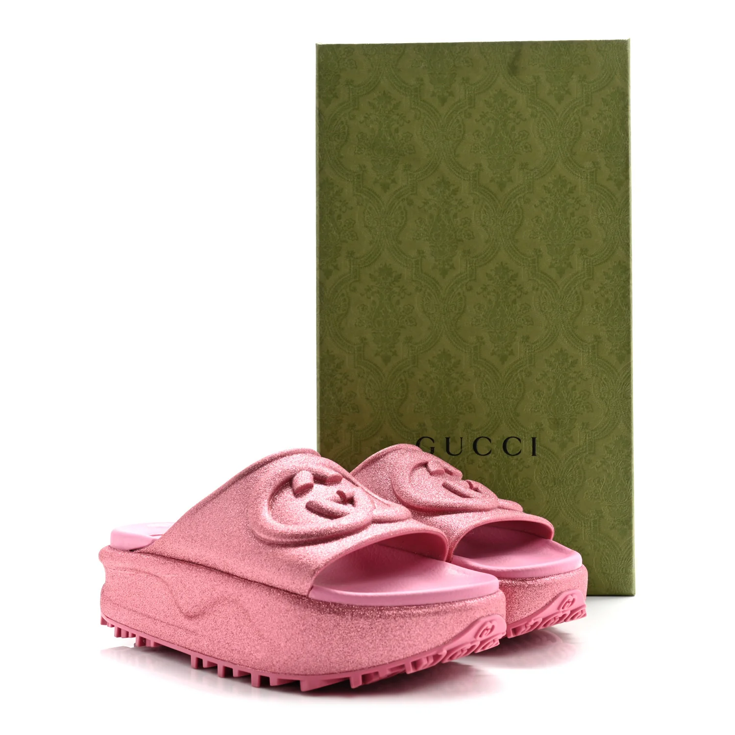 Glitter Rubber Womens Interlocking G Platform 42mm Slide Sandals 36 Rose