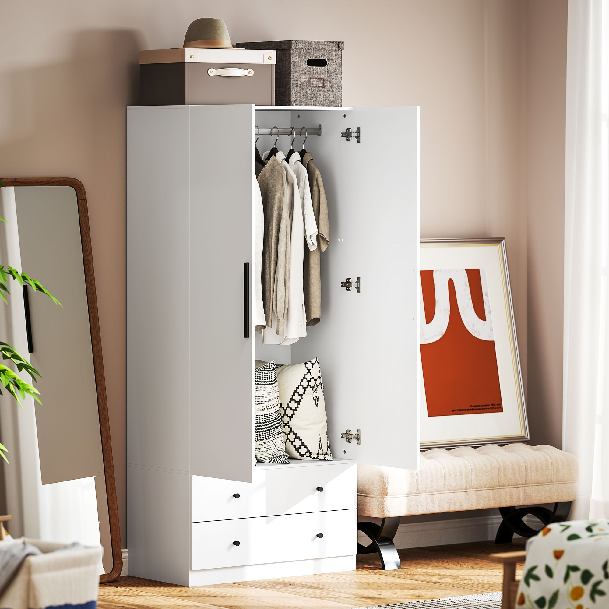 HOMCOM Garderobekast, 2-Deurs, Hangruimte, Kledingstang, 2 Laden, Spaanplaat, Wit
