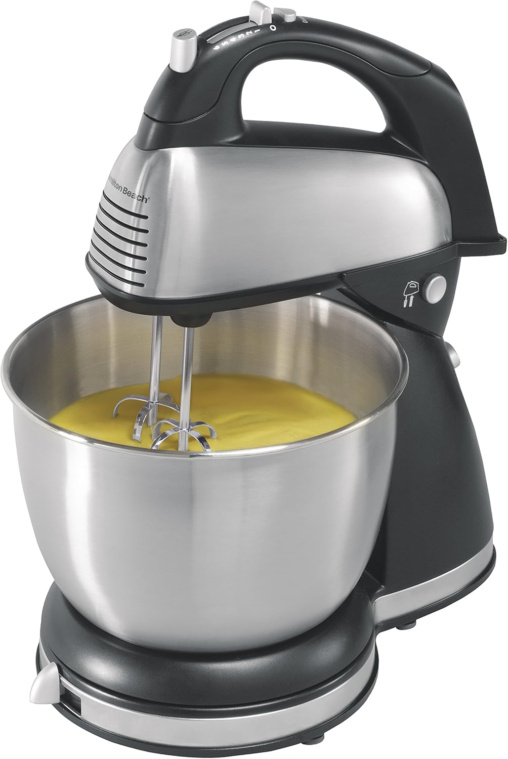 Hamilton Beach Classic Stand and Hand Mixer, 4 Quarts, 6 Speeds with QuickBurst, Bowl Rest, 290 Watts Peak Power, Black and Stainless