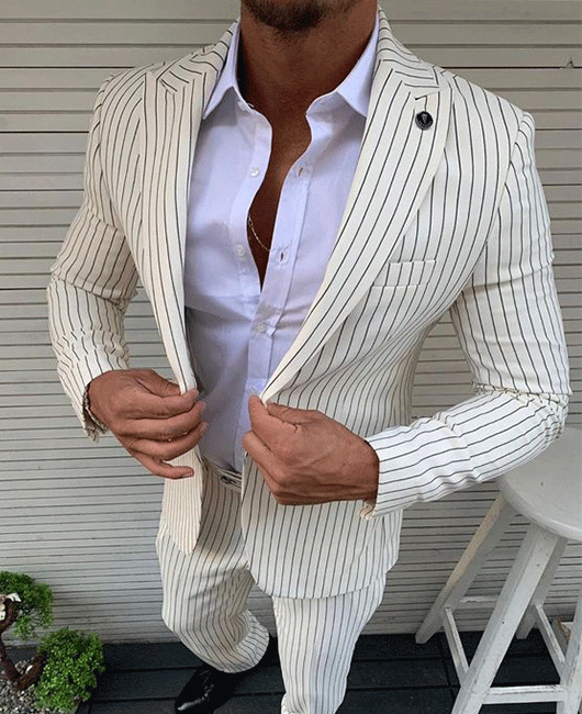 Ensemble 2 pièces : blazer et pantalon à rayures verticales décontractées et col à revers