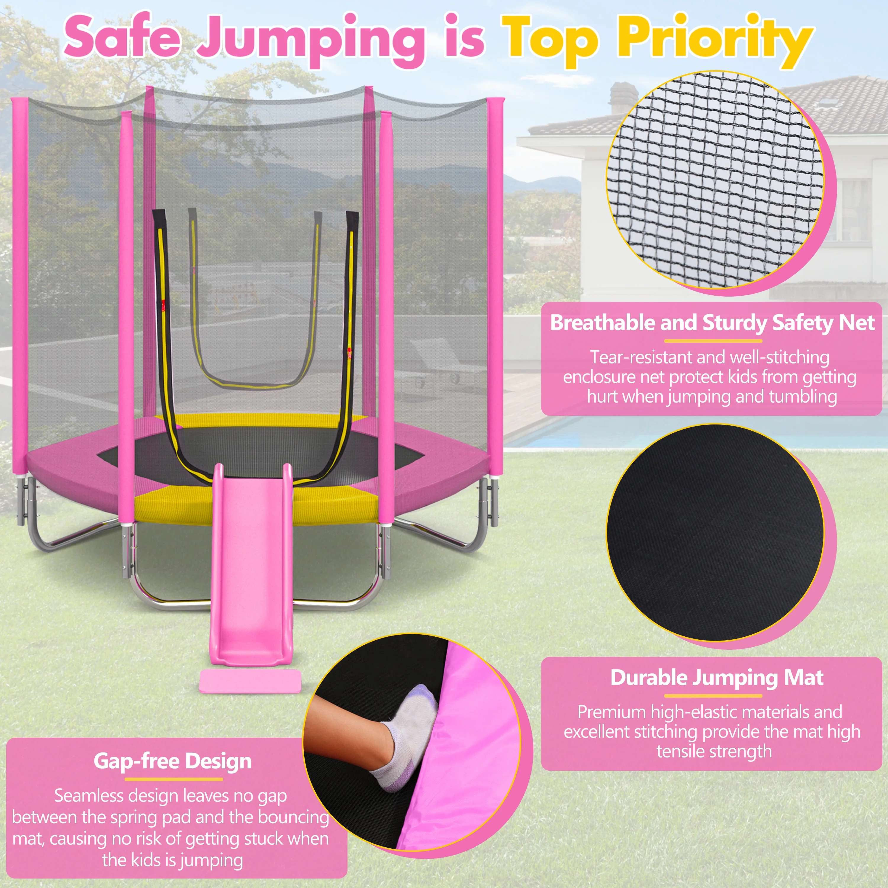 7FT Trampoline with Removable Slide, Kids Indoor Outdoor Trampoline with Enclosure Net and Ladder, Pink(Pink) Image 4