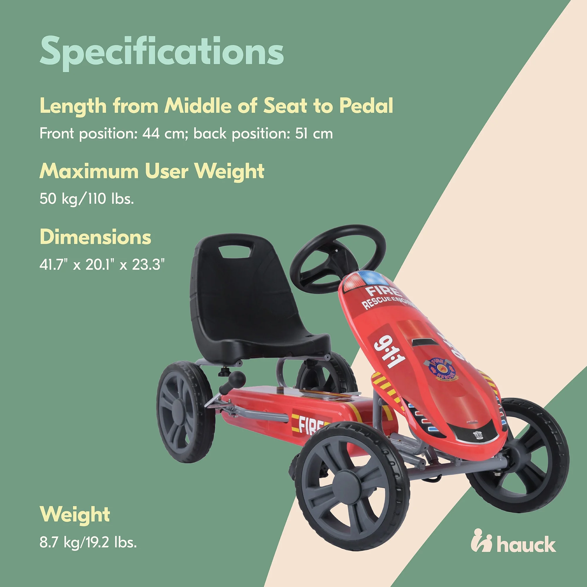 Speedster Pedal Go Kart w/ Adjustable Bucket Seat for Kids Ages 4 to 8, Fire Rescue(Red, Fire Engine) Image 8