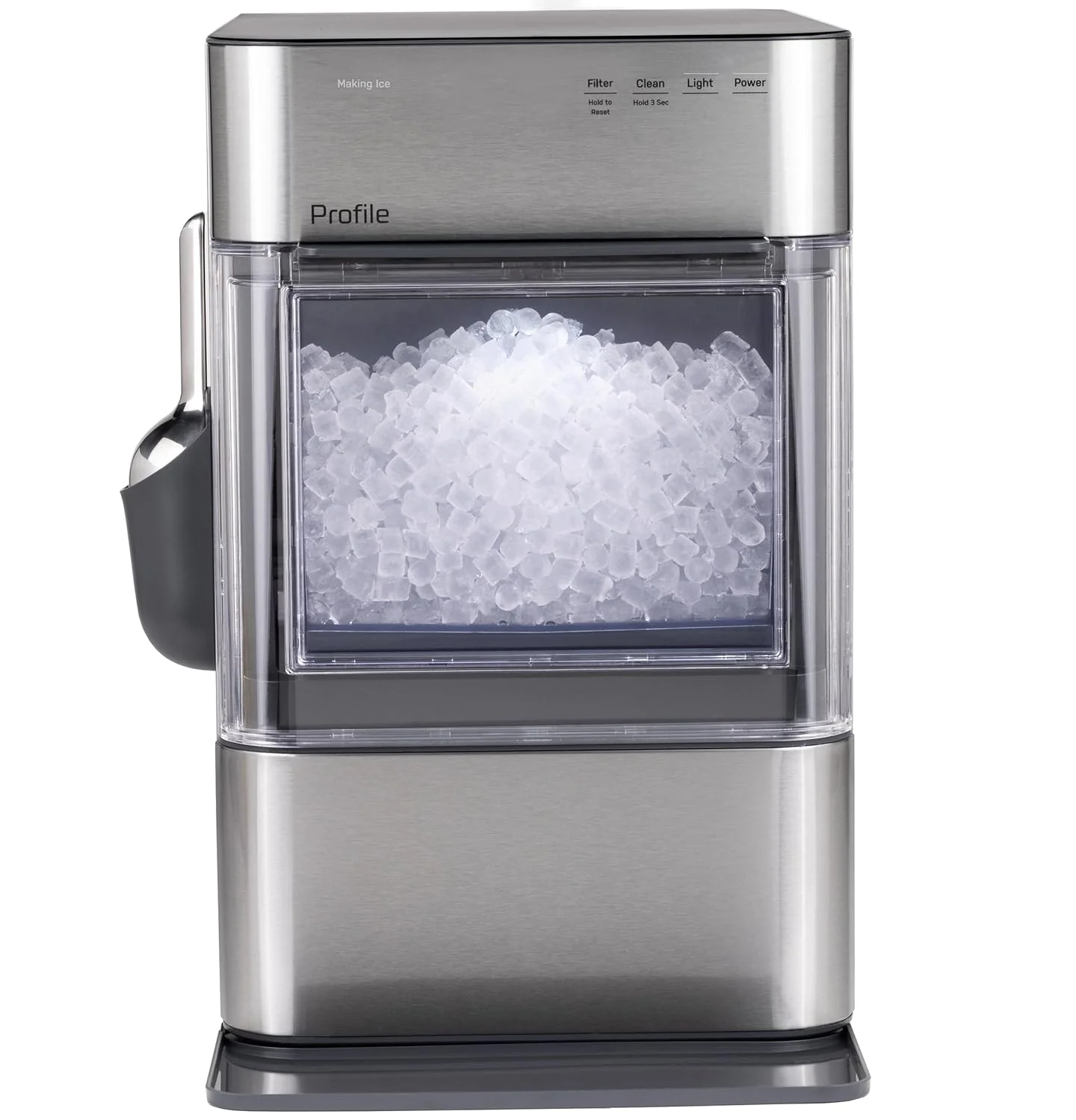 Machine à glaçons GE Profile Opal 2.0 Ultra Nugget avec filtre anticalcaire, pelle incluse, 17 kg en 24 heures, machine à glaçons en granules avec Wi-Fi et connectivité intelligente, acier inoxydable
