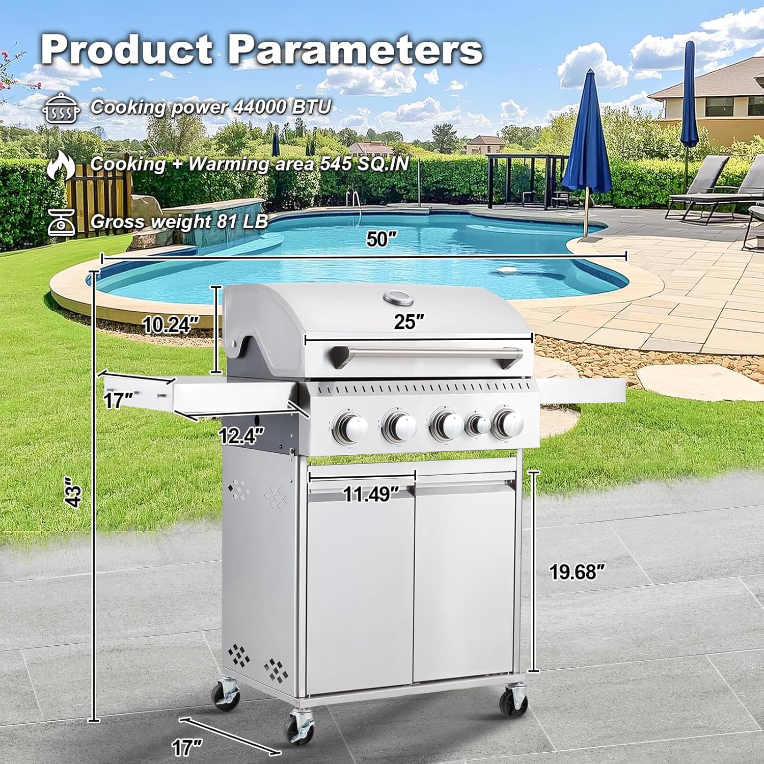 Upgraded 4 Burner Bbq Propane Gas Grill with Cast Iron Grates & Side Stove, 44,000 btu Stainless Steel Burner Barbecue Grill for Patio,…