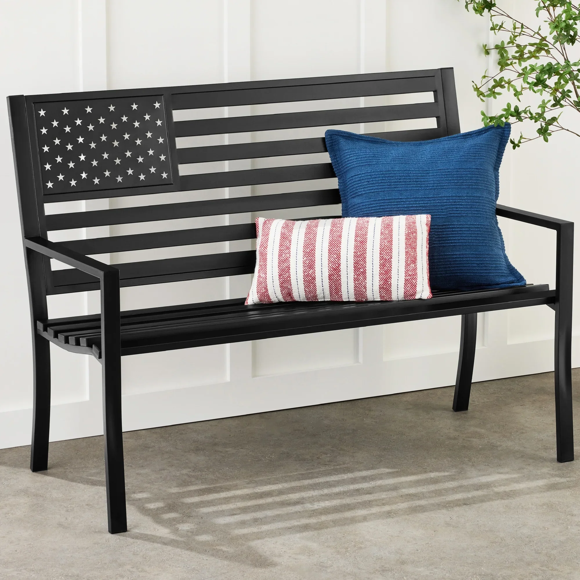 Best Choice Products Indoor Outdoor Steel Garden Bench w/ American Flag Backrest, 790lb Capacity - Black