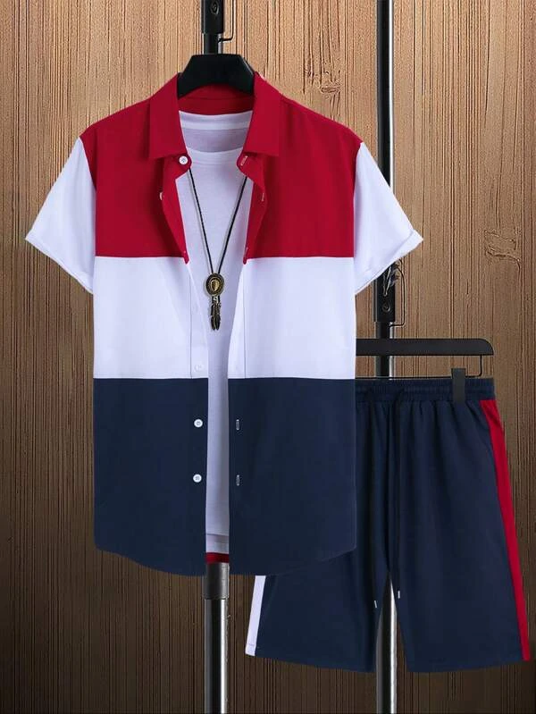 Ensemble chemise à manches courtes à imprimé hawaïen pour homme Suitmens 014
