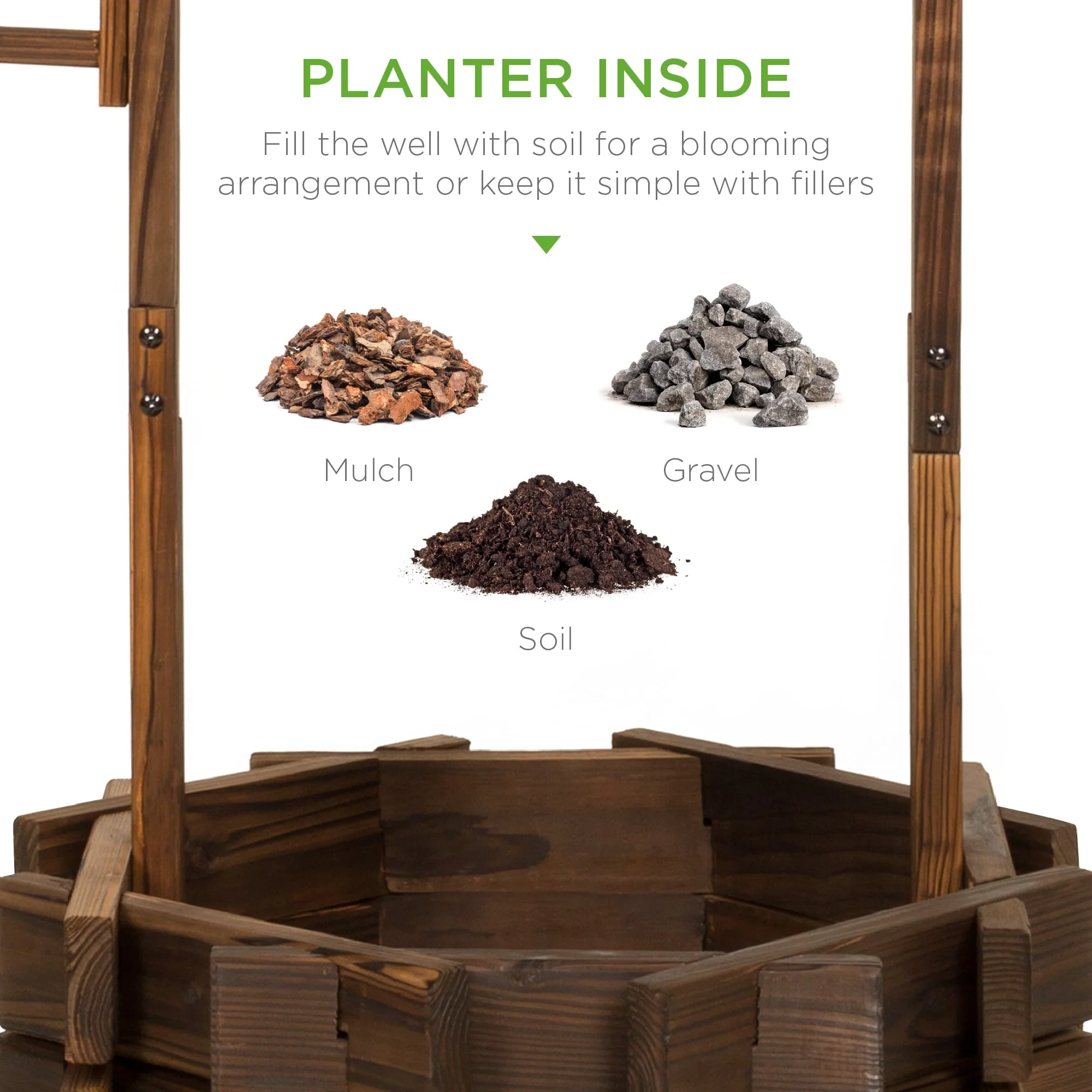 Rustic Wooden Wishing Well Planter Outdoor Home Decor for Patio, Garden, Yard w/ Hanging Bucket Image 5