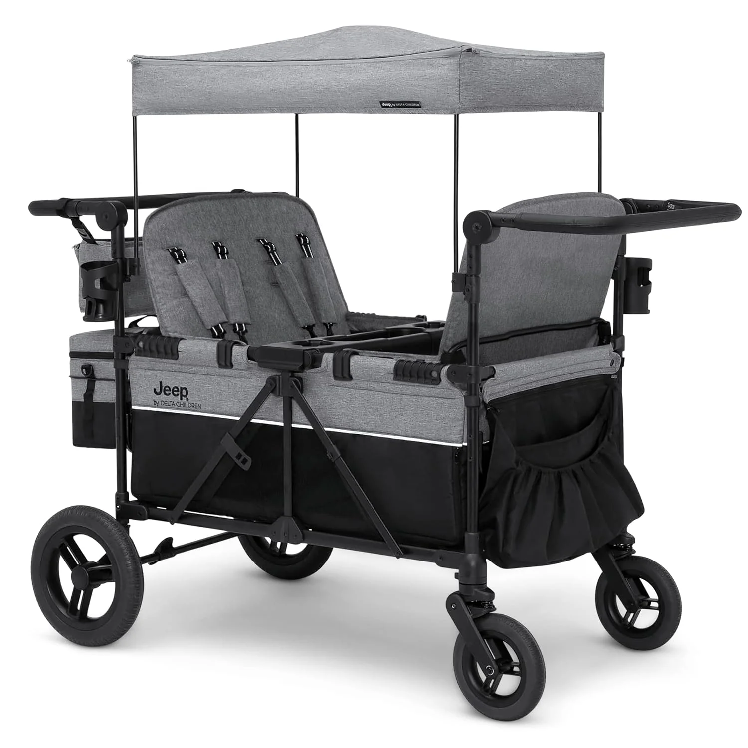Luxurious 4-seater children's stroller - A high-end 4-seater children's stroller specially designed for 4 children, equipped with convertible seats, adjustable push-pull handles, detachable sunshade, and flat folding device. The color is grey.