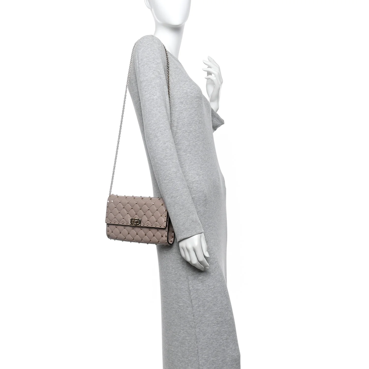 Lambskin Rockstud Spike Wallet on Chain Poudre