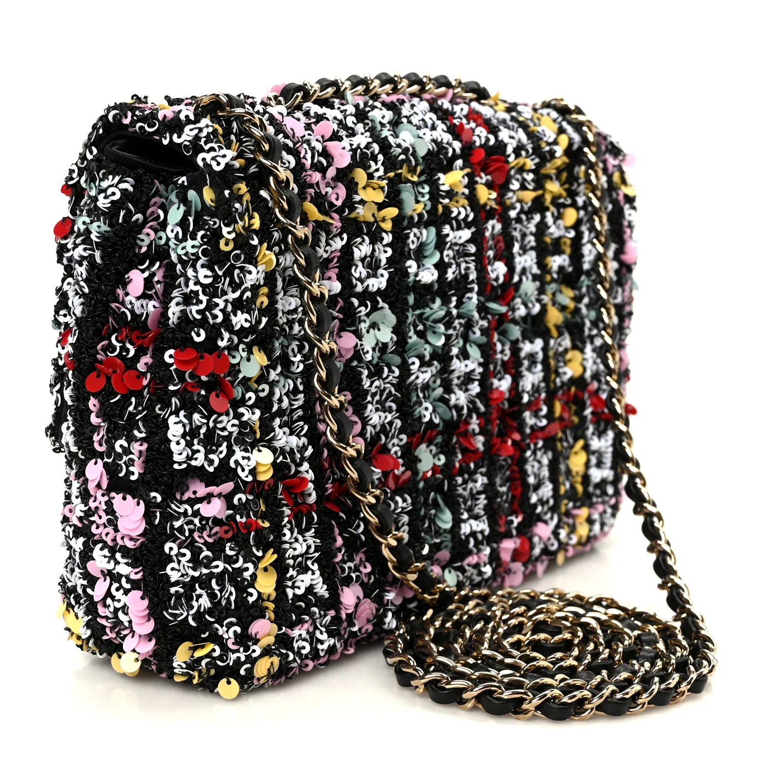 Tweed Sequin Small Single Flap Black Red Multicolor