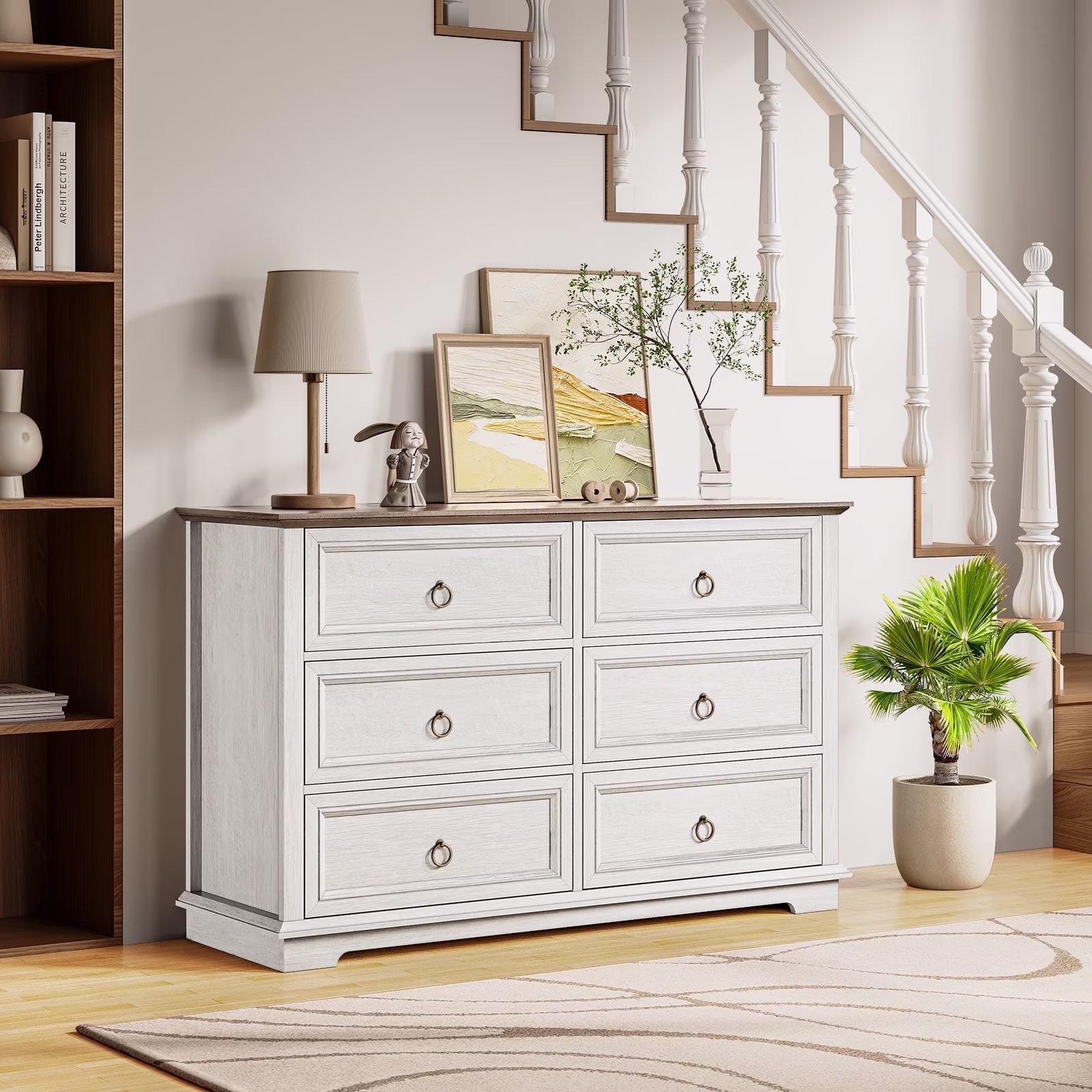 FAGAGA 6 Drawers Dresser for Living Room, Storage Cabinet Wooden Dressers Organizer for Bedroom, White