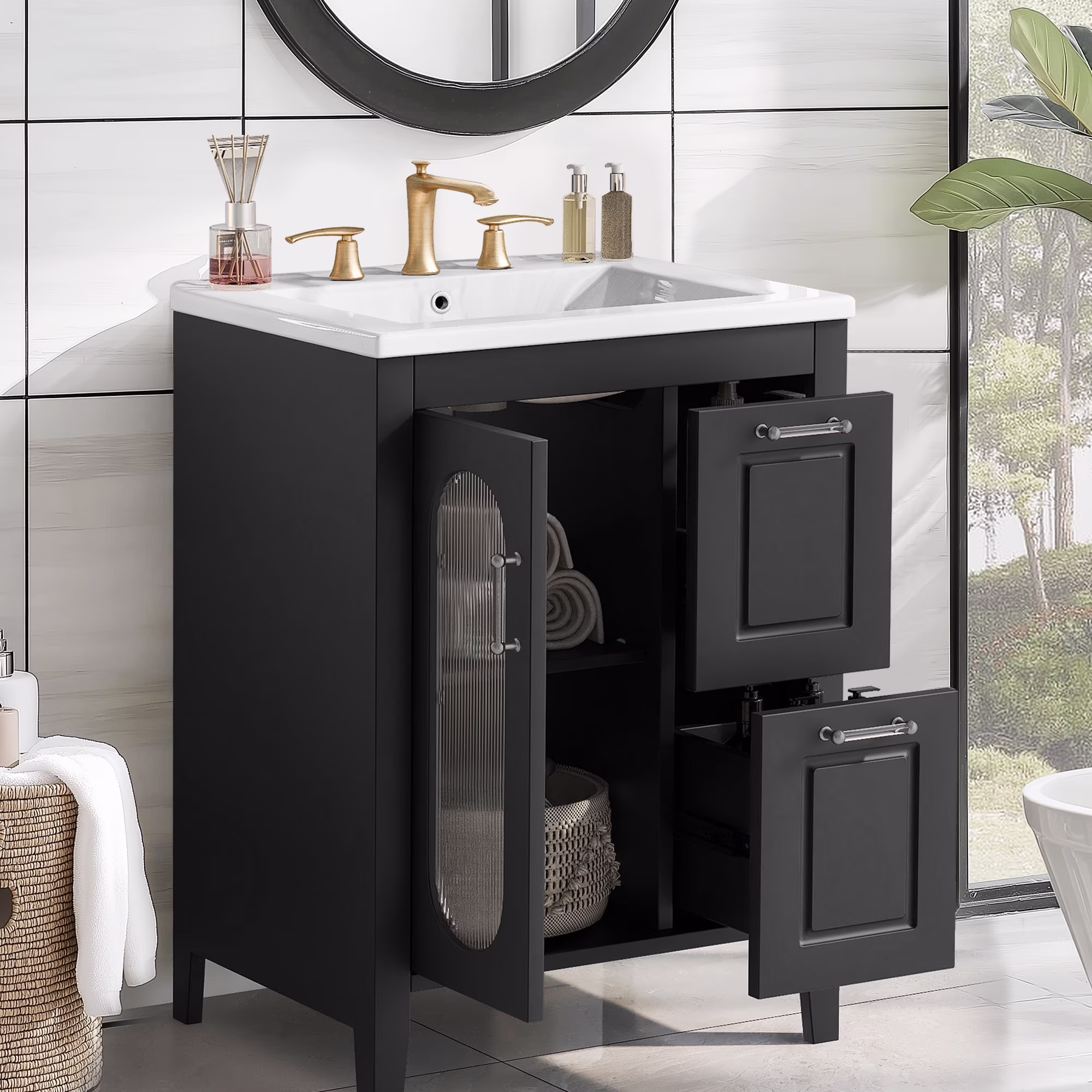 24" Bathroom Vanity with Ceramic Sink, Solid Wood Bathroom Makeup Cabinet with Door, Adjustable Shelf and 2 Drawer, Free Standing Single Basin Vanity Set for Small Bathroom, White(White) - Image 7