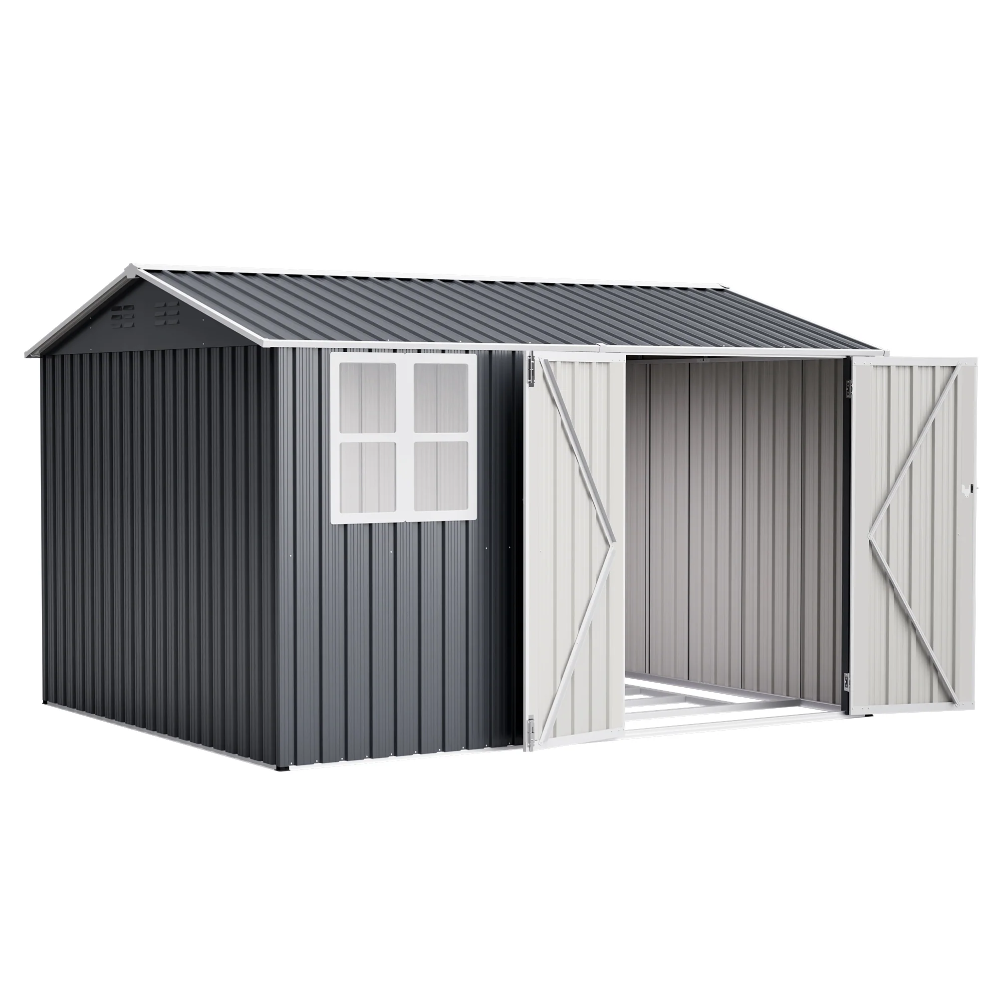 AECOJOY 10x8FT Outdoor Steel Storage Shed with Clear Window, Weather-Resistant Metal Tool Shed, Gray