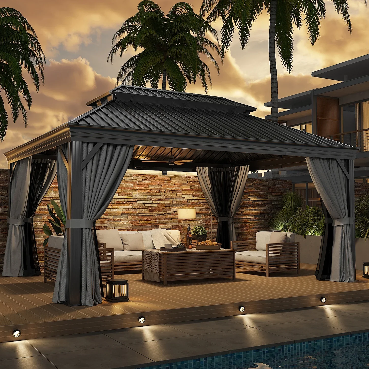 JolyDale 12' x 16' Hardtop Gazebo, Outdoor 2-Tier Galvanized Roof Canopy, Aluminum Frame Permanent Pavilion with with Netting and Curtains for Garden, Patio, Lawns, Gray
