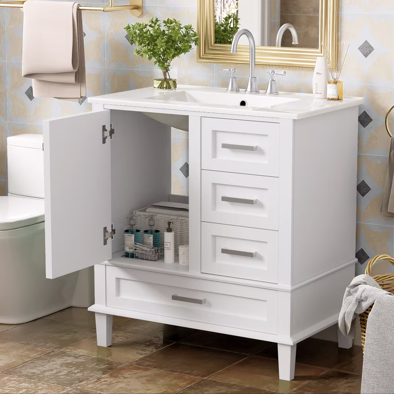 30" Bathroom Vanity with Sink, Modern bathroom sink cabinet with Soft-Close storage Drawers, Freestanding Vanity with Ceramic Top (Green)(Green) - Image 5
