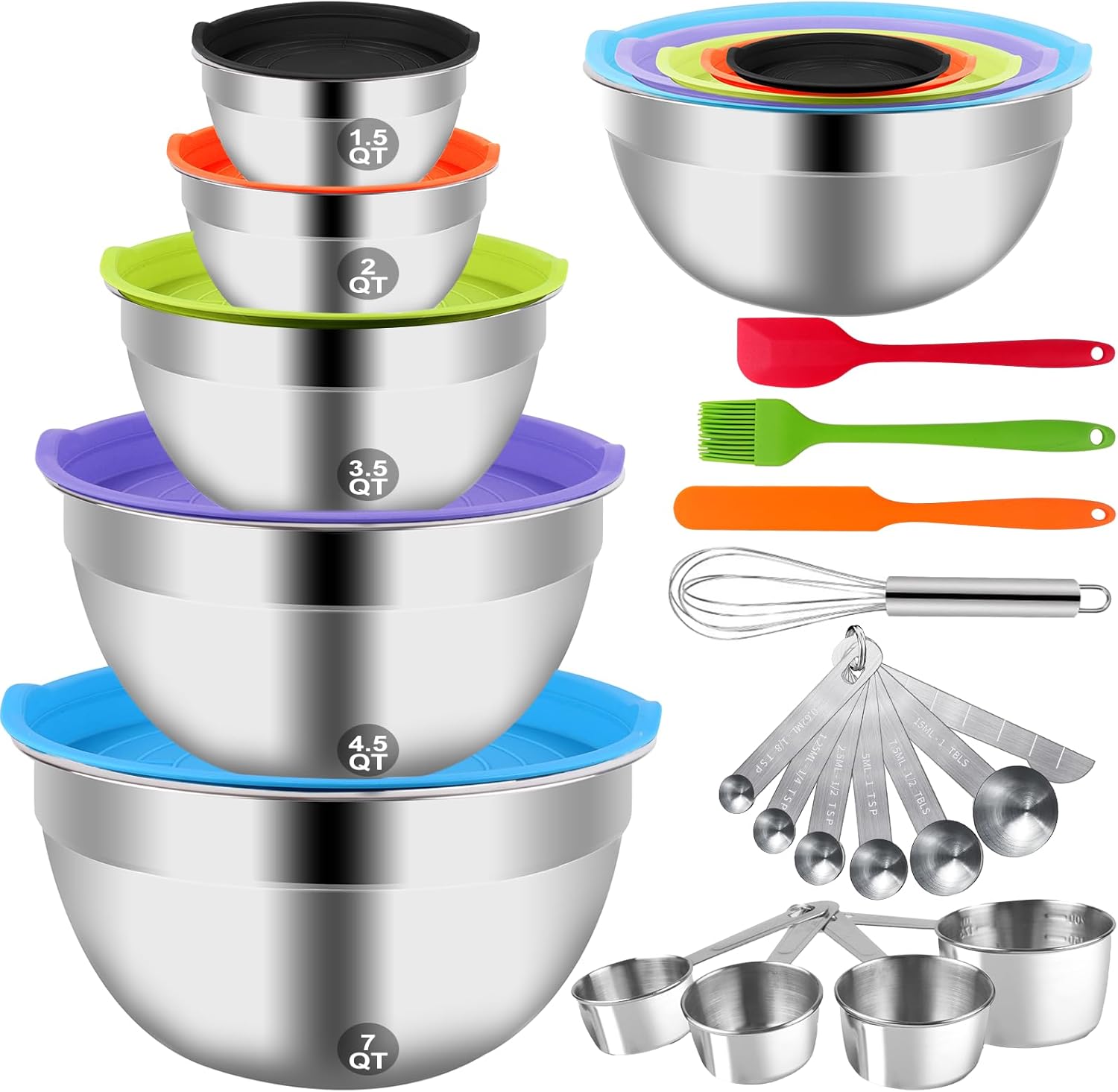 WEPSEN Mixing Bowls with Lid Set, 25PCS Kitchen Utensils Metal Bowl Stainless Steel Nesting Bowls, Measuring Cups and Spoons, Egg Whisk for Baking, Preparing, Cooking, Serving Supplies