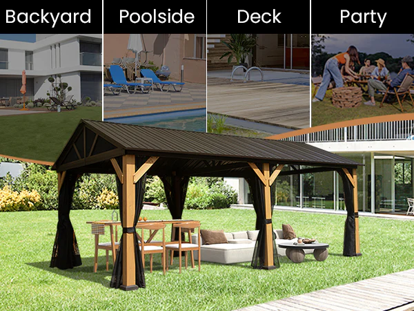 AECOJOY 12'x20' Wood Gazebo, Cedar Frame Hardtop Gazebo with Galvanized Steel Roof, Netting & Curtains