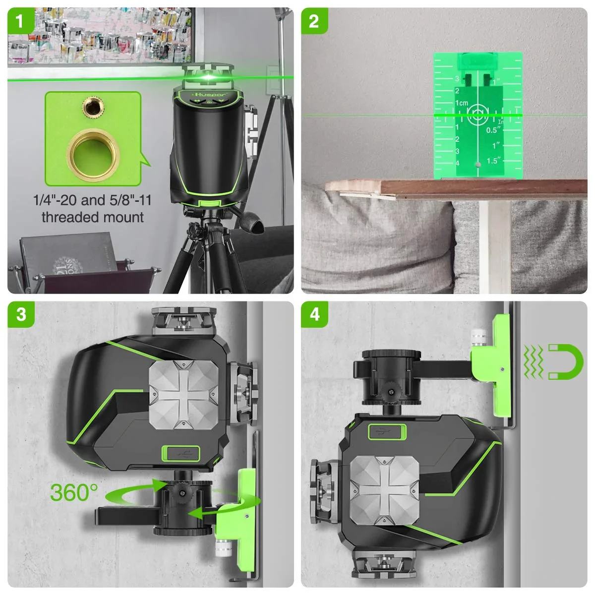 4D 16 Lines Self-Leveling Laser Level, 200Ft Green Beam 4 x 360° Cross Line Laser Level Tools with LCD Screen, Bluetooth and Magnetic Bracket